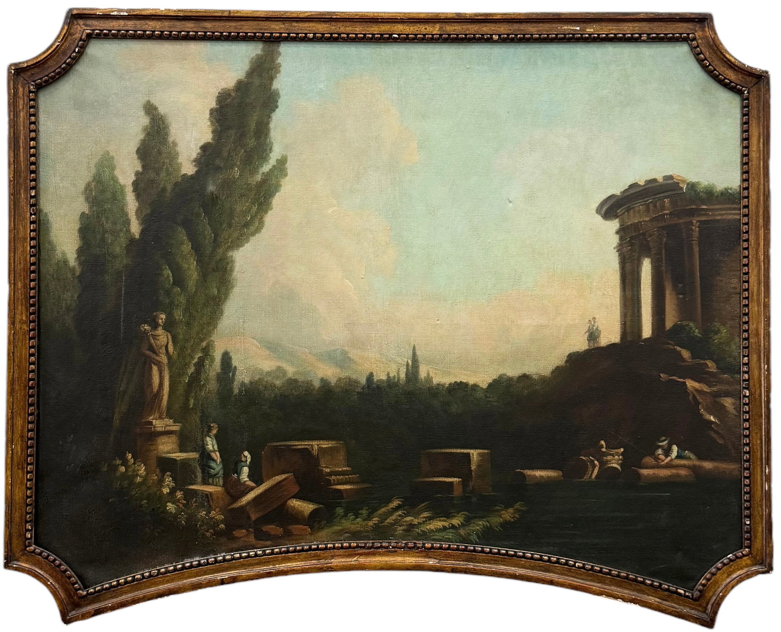 Antique Italian School Continental Landscape Formed Canvas w/ Custom Frame Unsigned: Oil on canvas 41.5 x 33.5 in (framed).