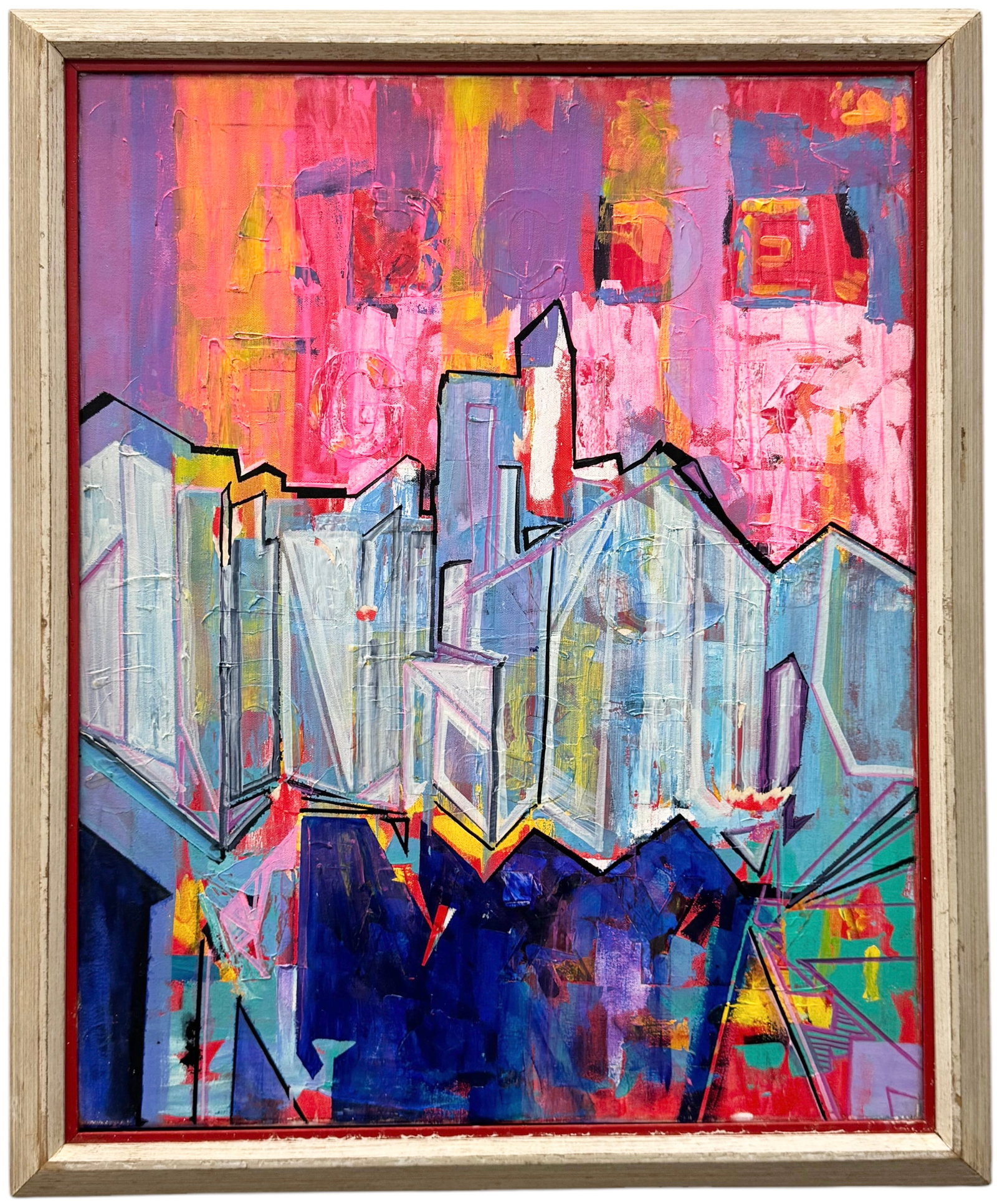 Alphabet City, New York City Modernist City Scene Painting: Oil on canvas 30 x 24 in, 35 x 29 in (framed)