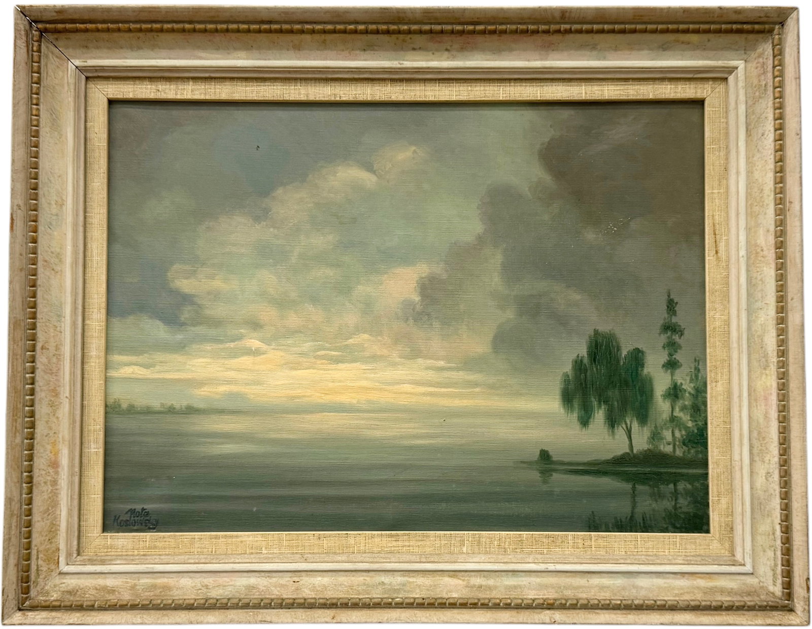 NOTA KOLSLOWSKY Polish American Artist Tonalist Everglades Painting: Oil on canvas 22 x 16 in, 27.5 x 21 in (framed)