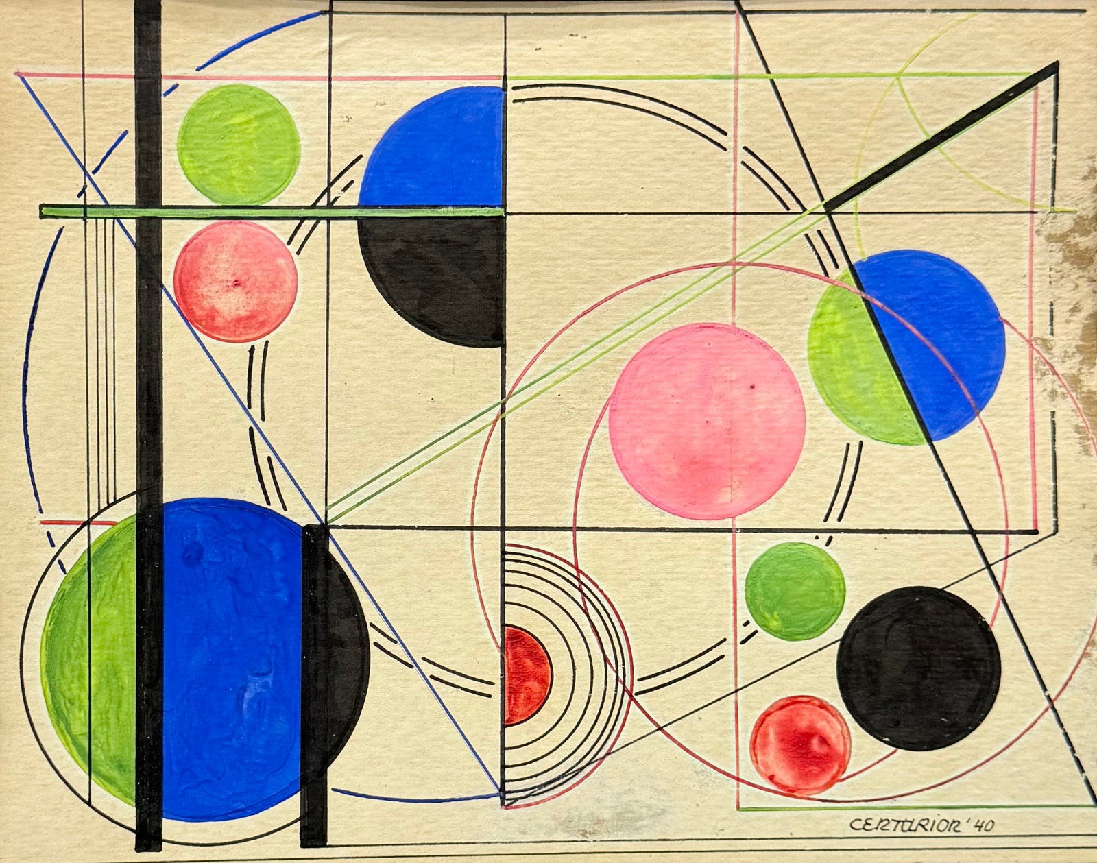 Linear Geometric Abstract Circles & Lines Painting Watercolor & Ink Signed: Mixed media on paper 12 x 9.5 in (matting)