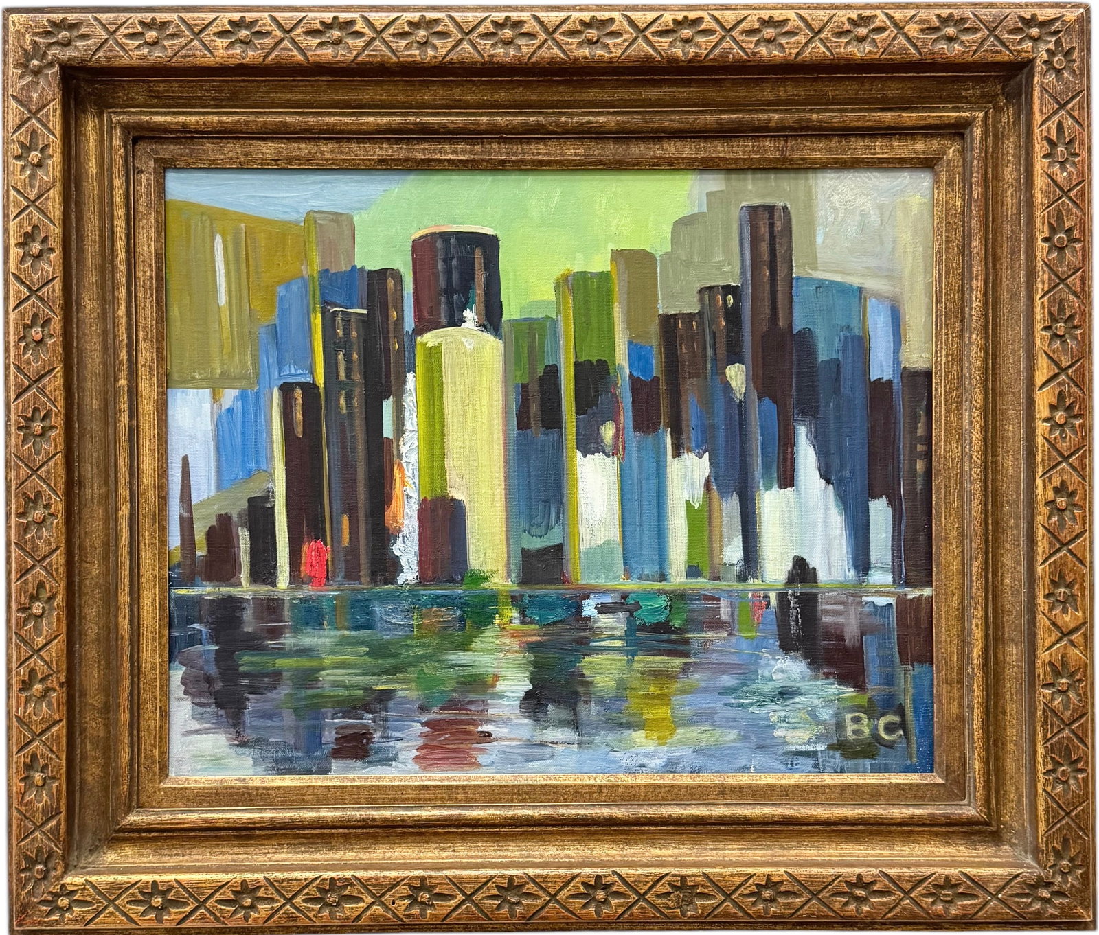 Modernist NYC Manhattan City Scene Monogrammed: Oil on canvas 20 x 16 in