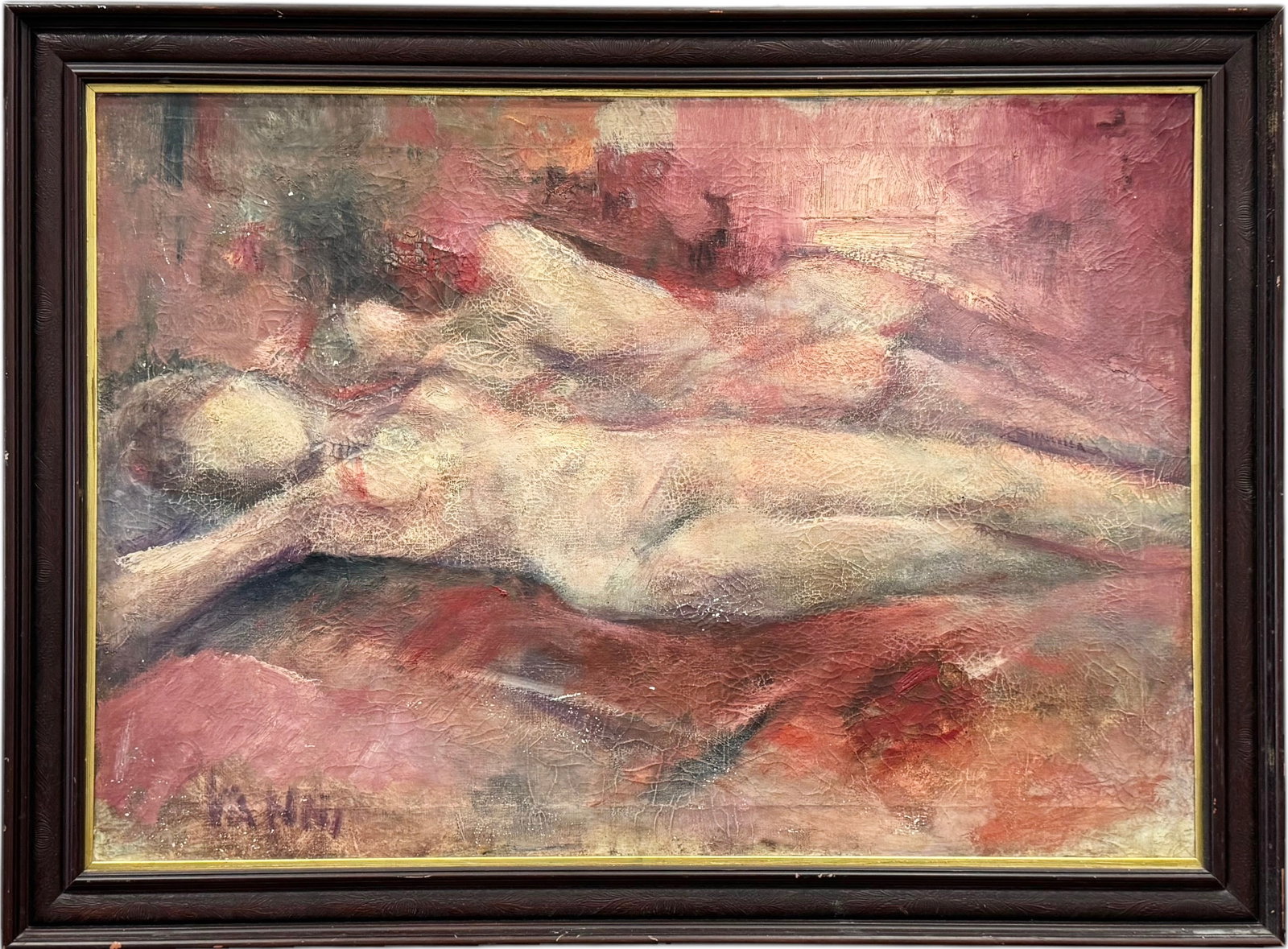 Italian School Mid-Century Abstract w/ Lying Nude Figures, Signed: Oil on canvas 39.5 x 27.5 in, 45.5 x 33.5 in (framed)