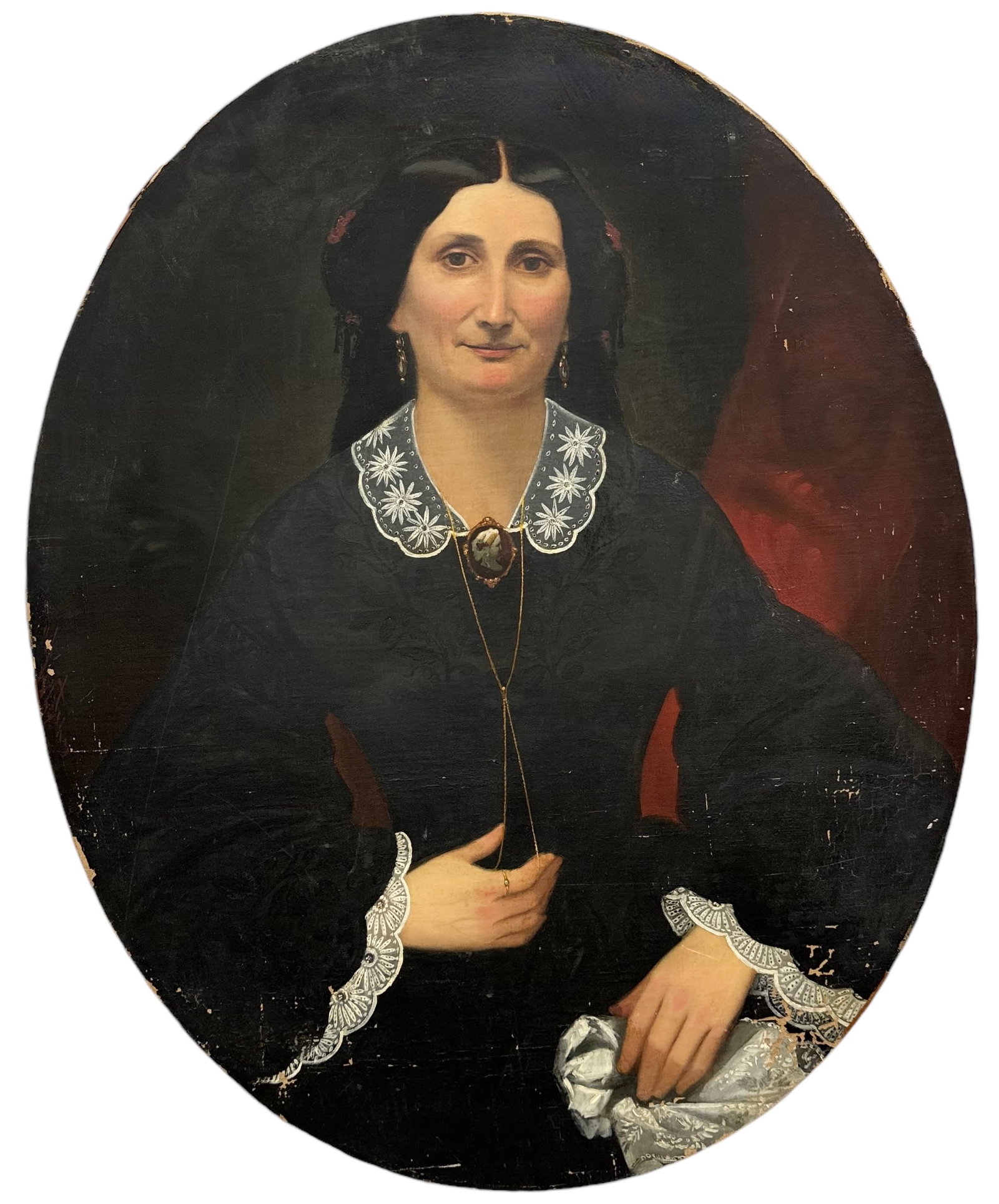 Antique American School Portrait Of A Woman: Oil on canvas 35.5 x 29 in