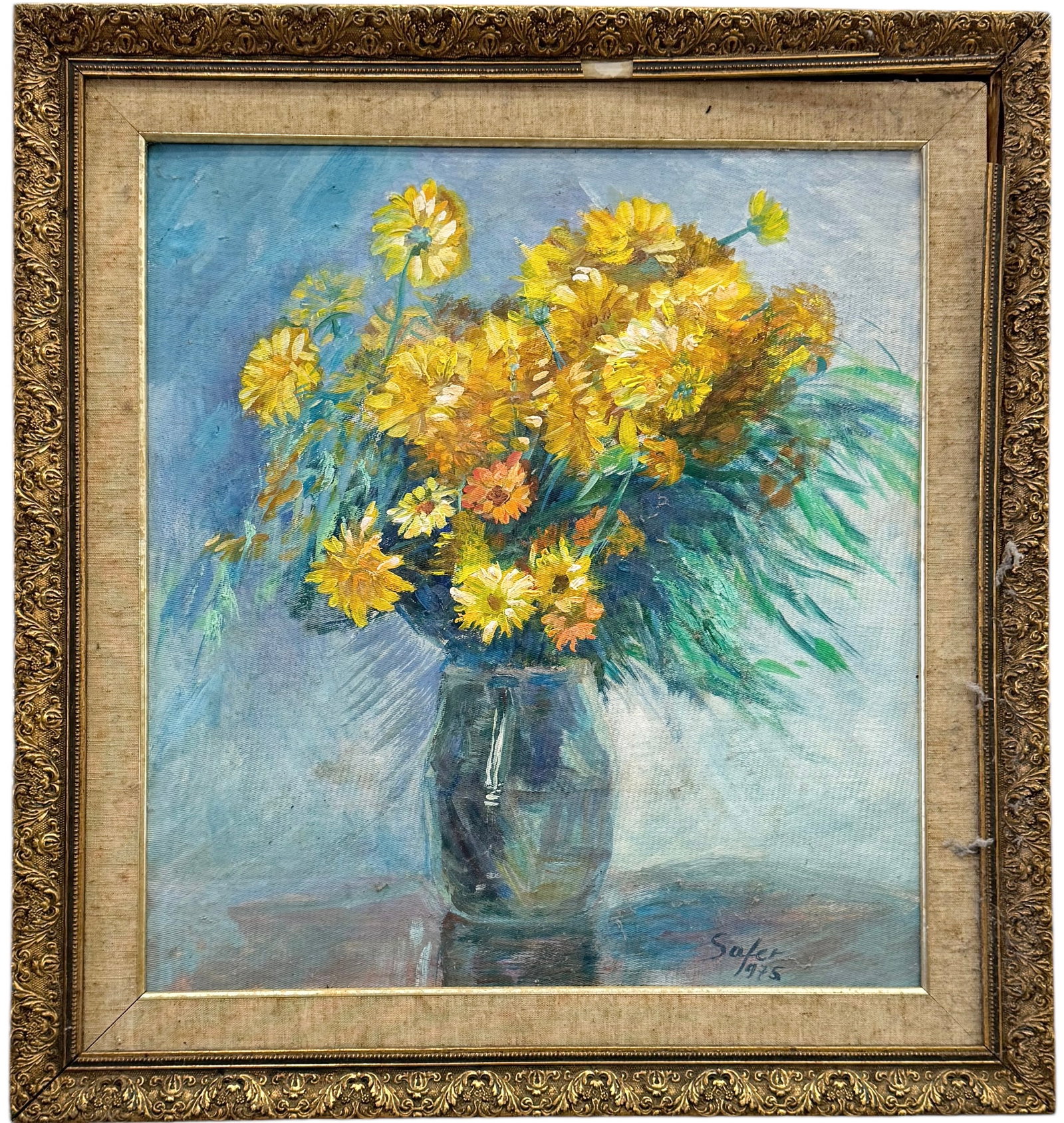 Latin American Impressionist Still Life Of Peonies Signed Safer: Oil on board 25.5 x 24 in (framed)