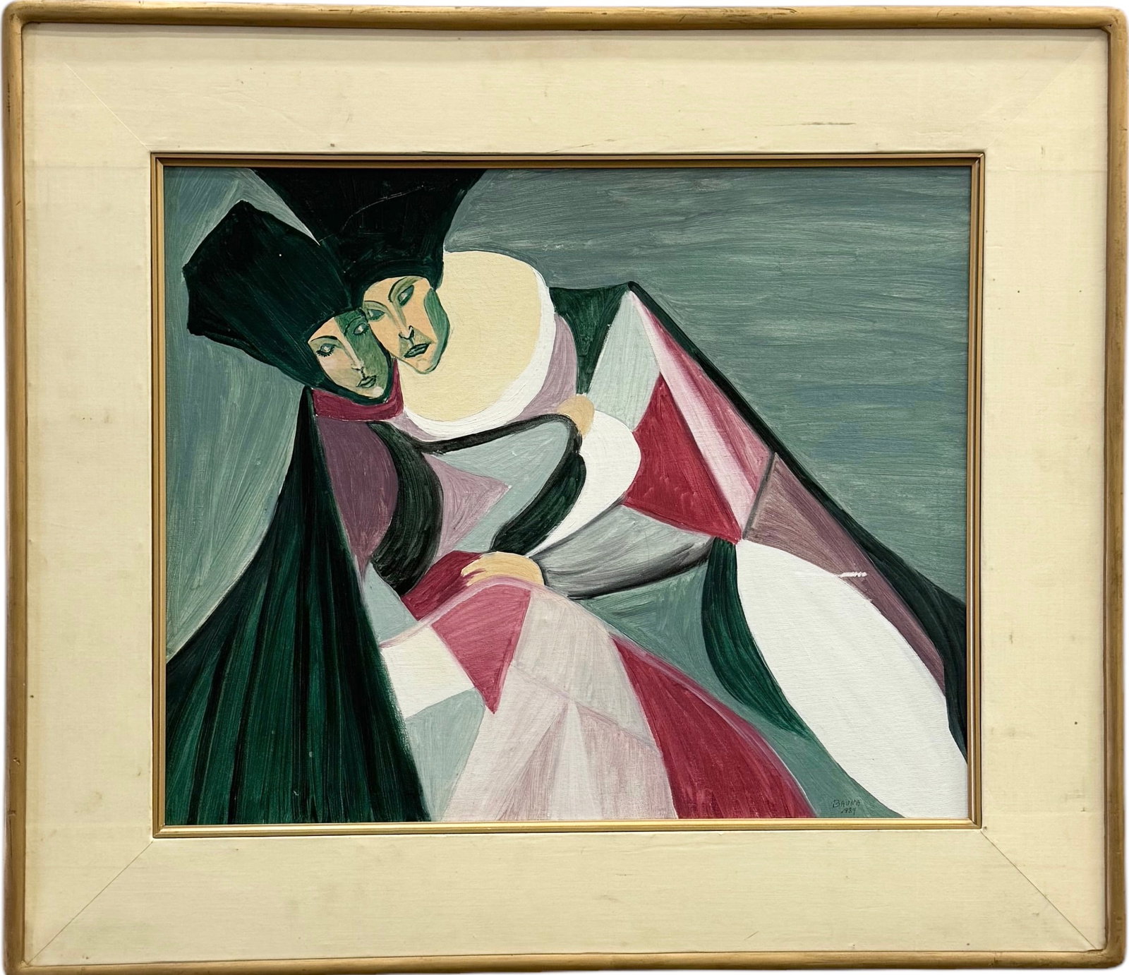 Vintage Modernist Indonesian Abstract Of Embracing Figures Signed Buana: Oil on canvas 35 x 30 in (framed)