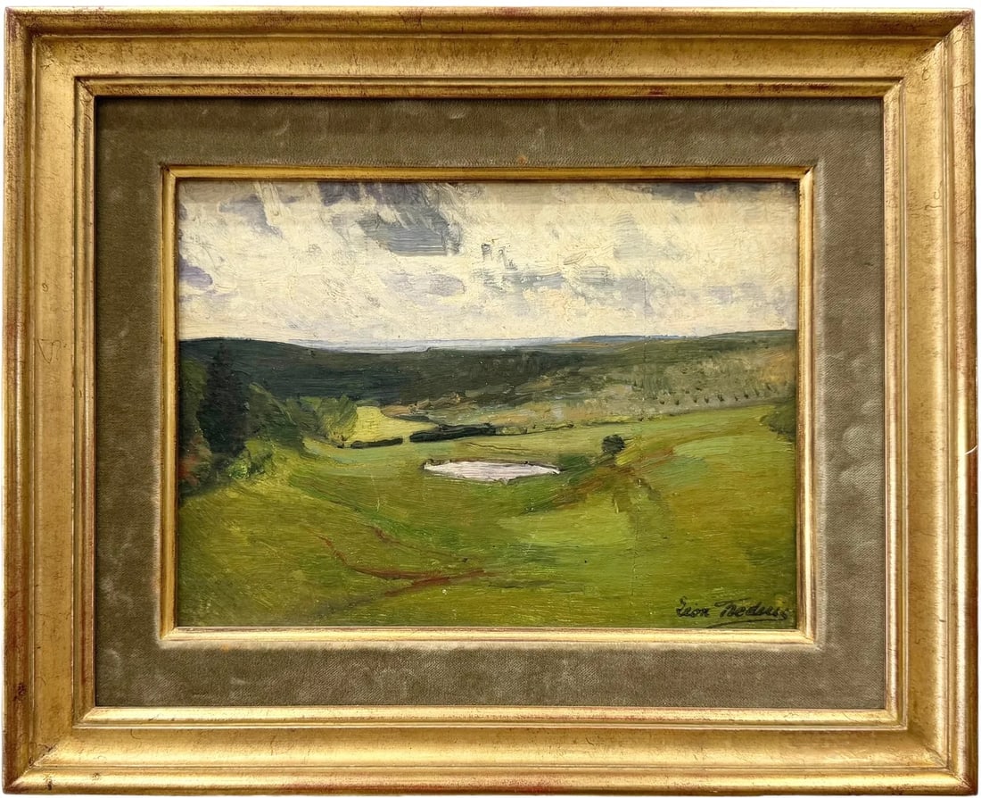LEON FREDERIC (1856-1940, Belgium) 19th Century Golf Course Landscape: Oil on board 11 1/4 x 8 1/4 in, 16 x 13 in (framed). Unpaid item from a previous sale
