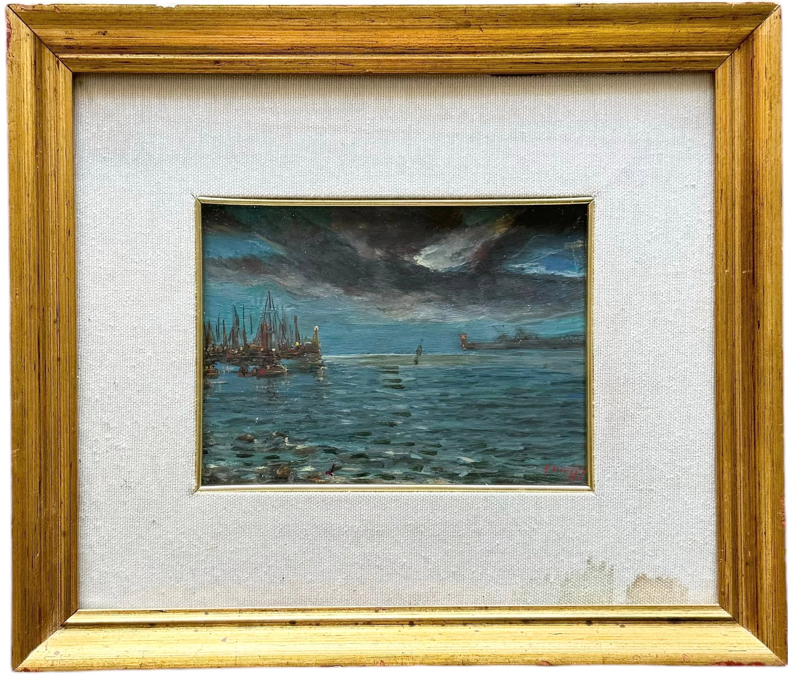 Impressionist Nautical Seascape Harbor Scene With Boats Illegible Signature: Oil on board 6.5 x 5 in (sight), 13 x 11 in (framed)