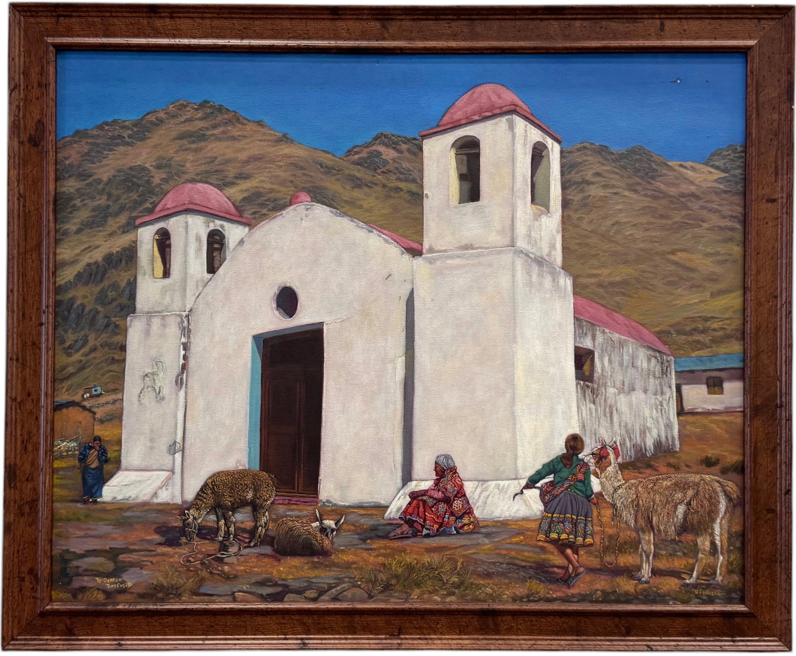 Peruvian Cusco Andres Landscape With Church Signed: Oil on canvas 30 x 24 in, 33.5 x 27.5 in (framed)