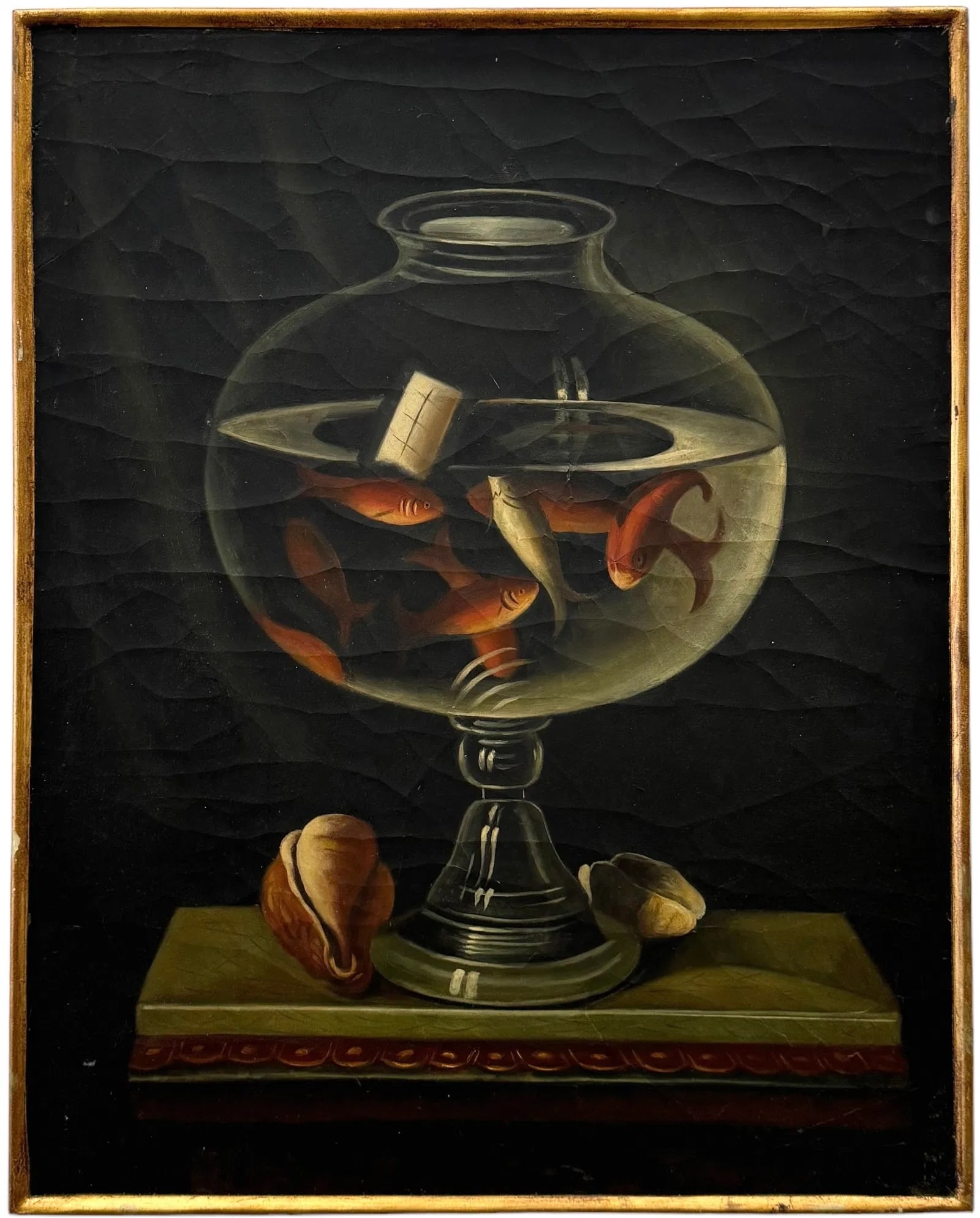 Spanish School Goldfish Painting Unsigned Framed Oil painting: Oil on canvas laid on board 30 x 24 in (framed)