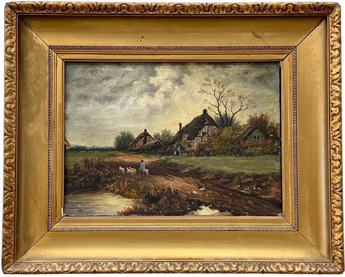 Antique English School Impressionist Landscape, Nice Frame: Oil on canvas 23 3/4 x 19 1/4 in (framed), 16.5 x 12 in
