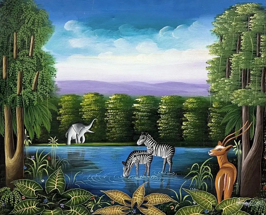 EMMANUEL BELOT (20th c, Haiti) Naive Jungle Landscape: Oil on canvas 24 x 19.5 in