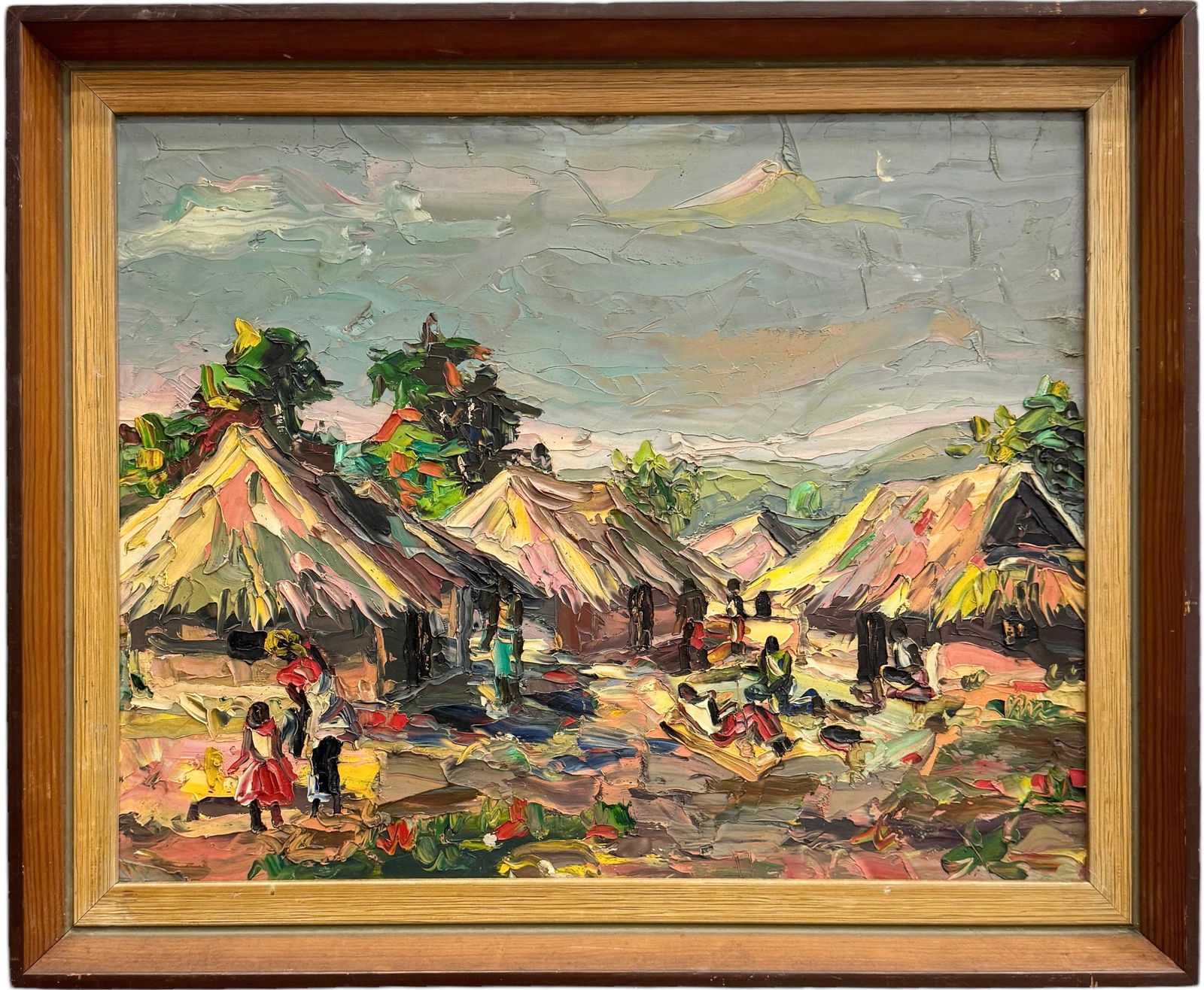 Vintage Haitian School Impressionist Village Scene Unsigned Oil Heavy Impasto (1 of 2)