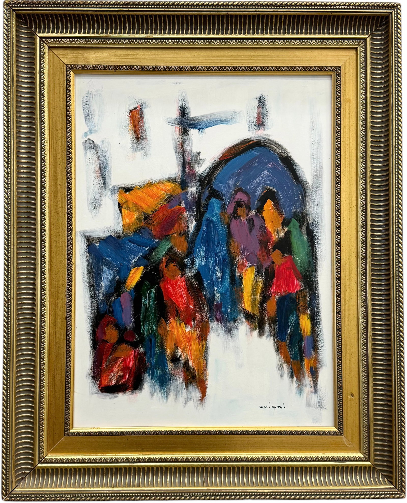 Nicely Framed Impressionist Street Scene Of Figures, Signed: Oil on canvas 28.5 x 23.5 in (framed)