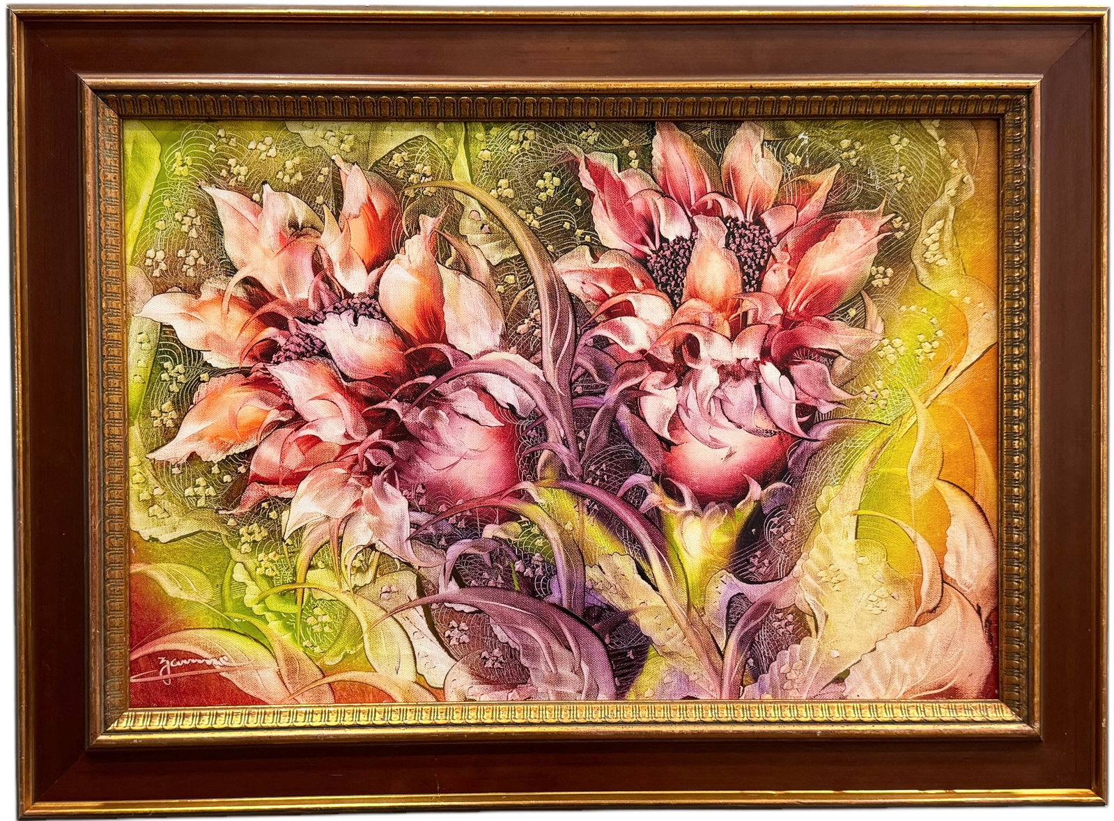Modernist Abstract Still Life Of Flowers Signed JAUME: Mixed media on canvas 23.5 x 16 in, 29 x 21.5 in (framed)