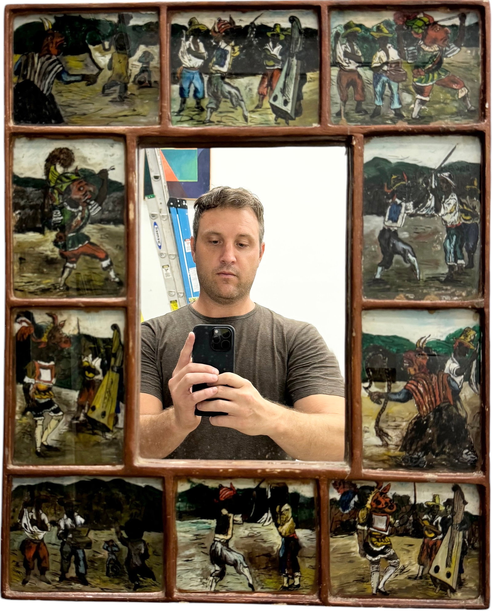 Latin American School Hand Pained Mirror, Folk Art: Size 20 x16 in
