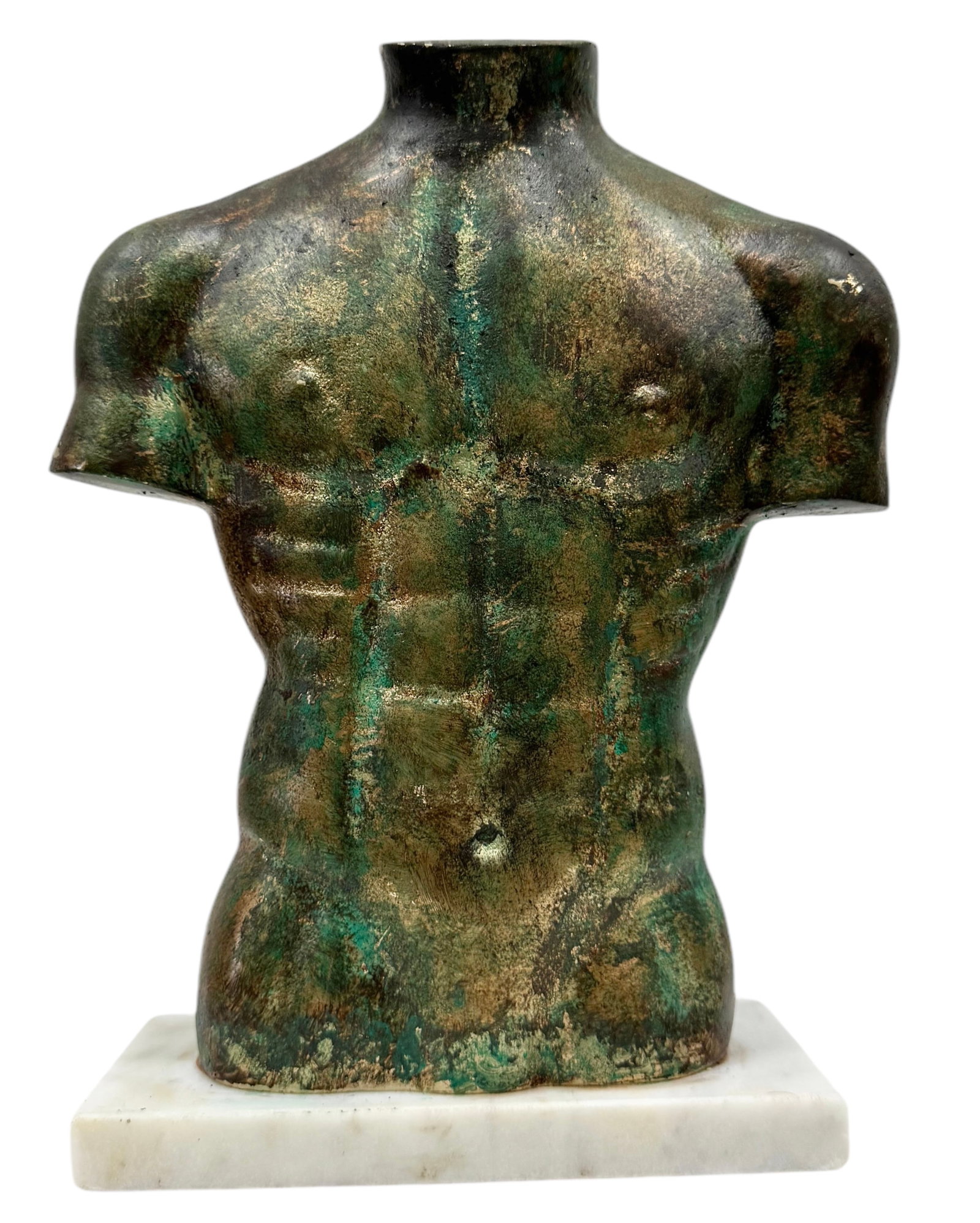Contemporary Metal Male Nude Torso Sculpture On Marble Base: 10 x 6 x 3 in