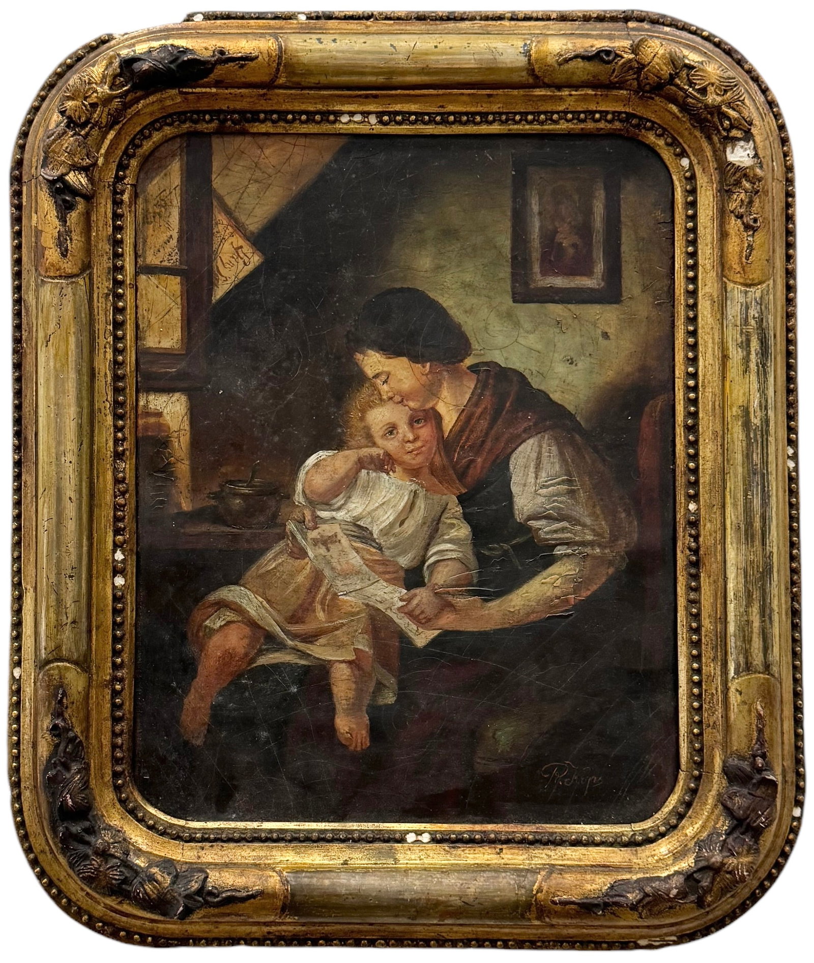 Antique English School Genre Scene Signed: Oil on canvas 15 3/4 x 12 in, 20 x 17 in (framed)