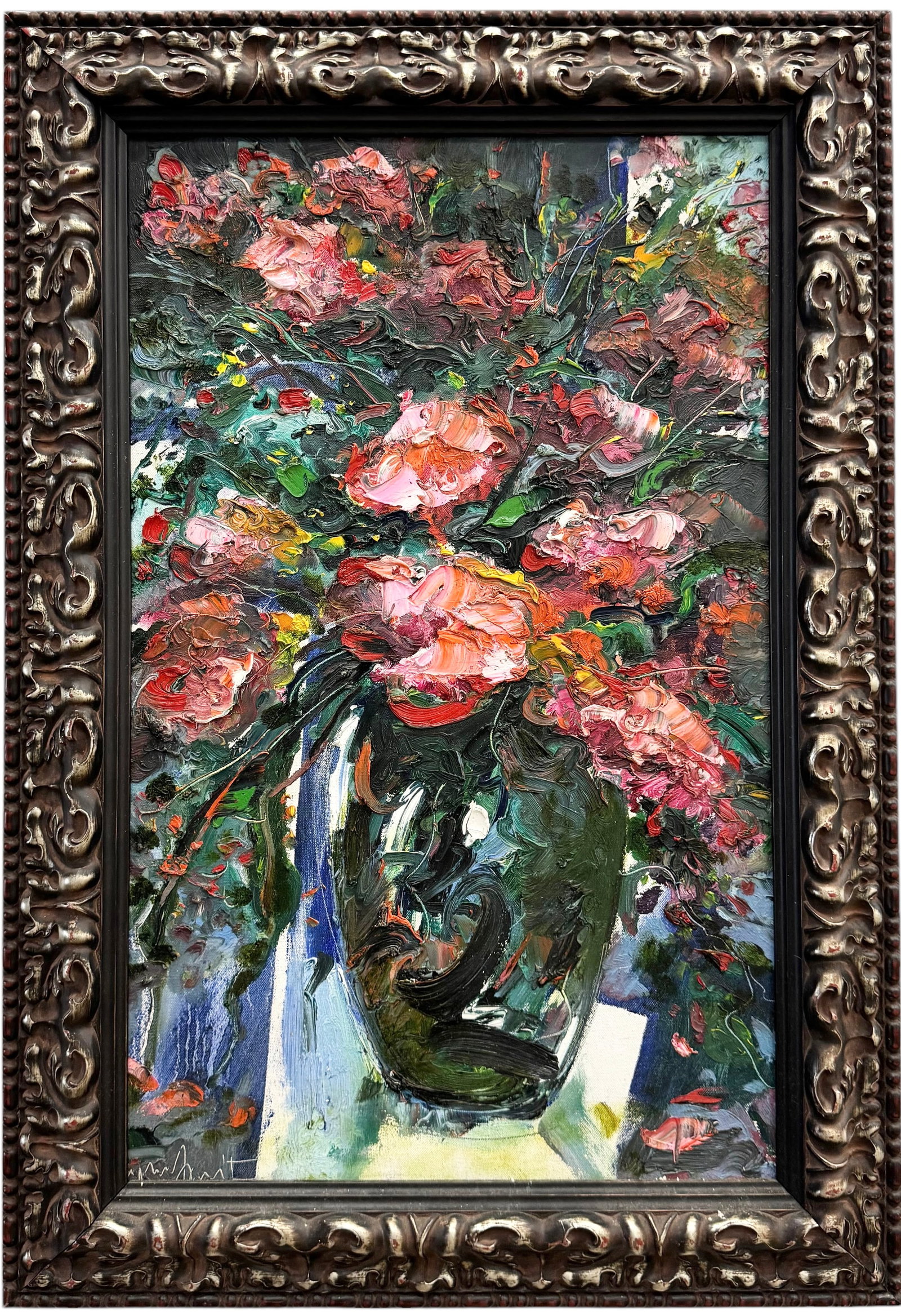 Latin American School Still Life Of Flowers Signed Heavy Impasto: Acrylic on canvas 27 x 17 in, 32.5 x 22.5 in (frmaed)