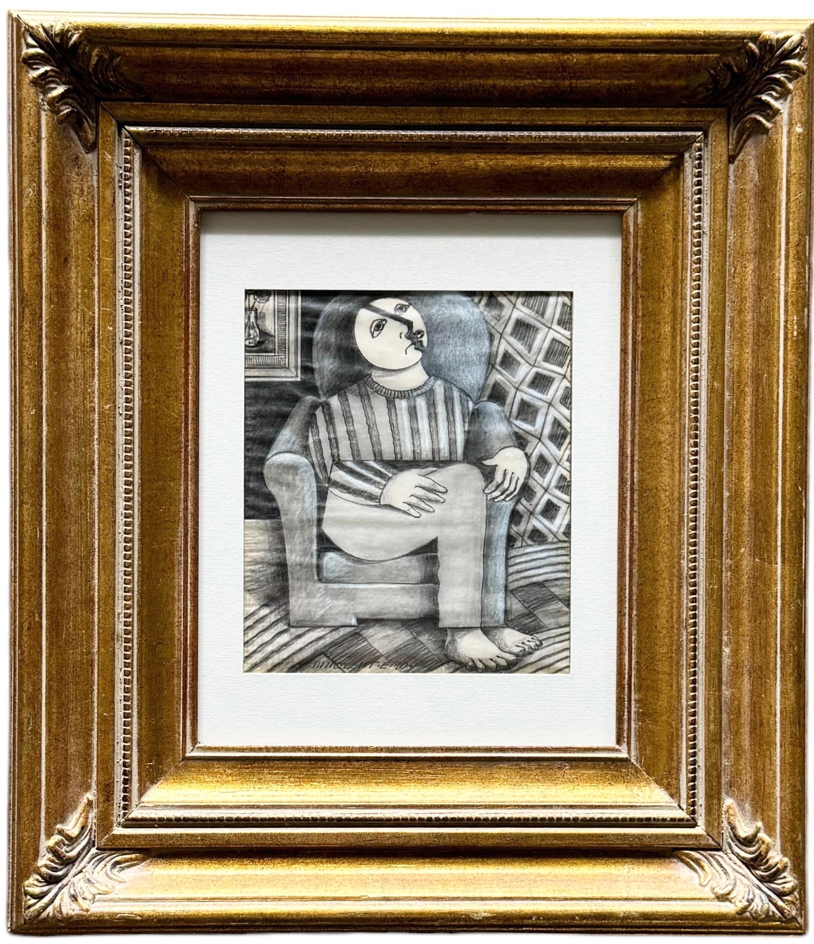 VINCENZO NOTARILE (20th c, American) Cubist Drawing: Mixed media on paper 7 x 6 in, 16.5 x 14.5 in (framed)