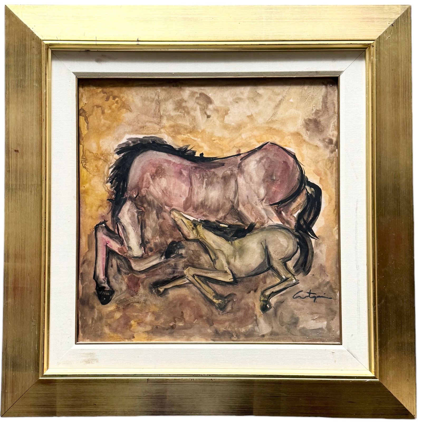 Modernist Painting Of Horses Signed Illegibly: Mixed media 29.5 x 29.5 in (framed)
