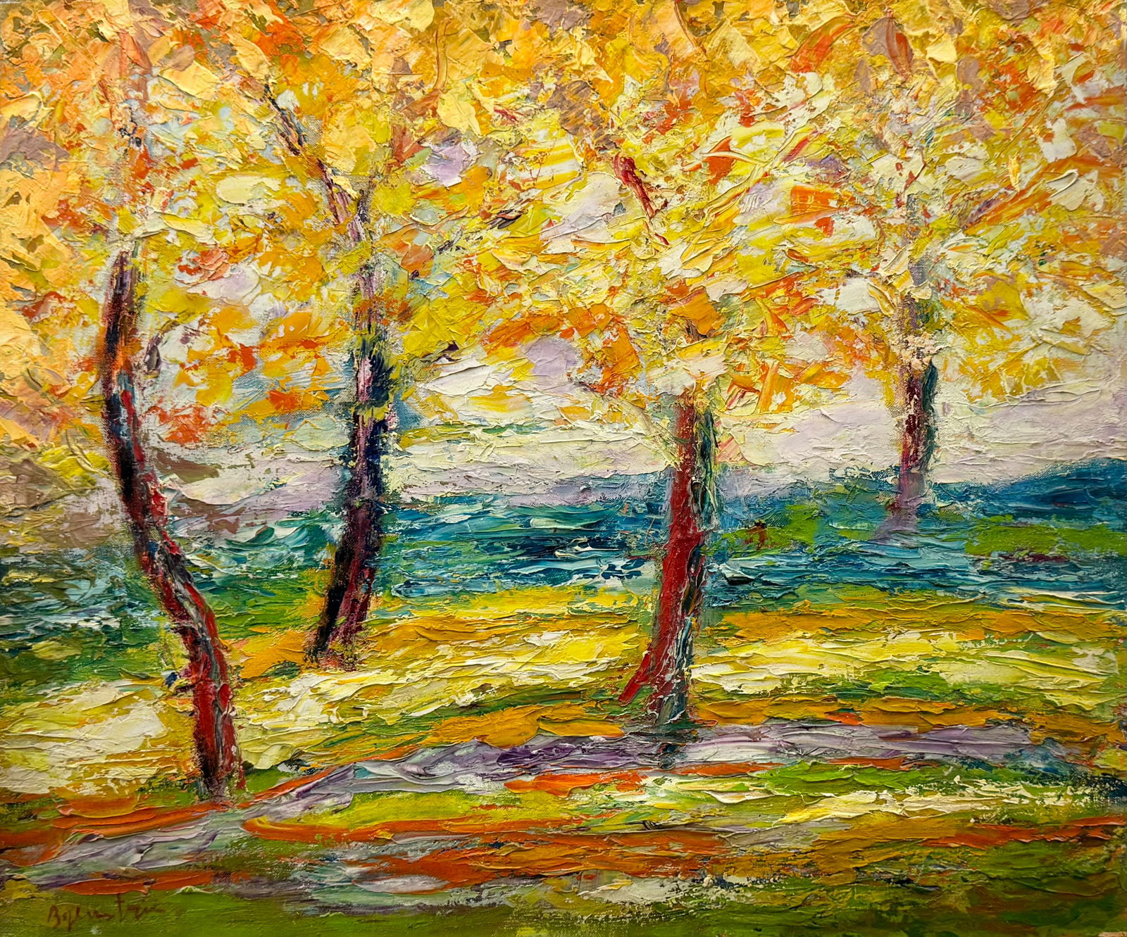 American School Modernist Fall Landscape Painting Signed Illegibly (1 of 3)