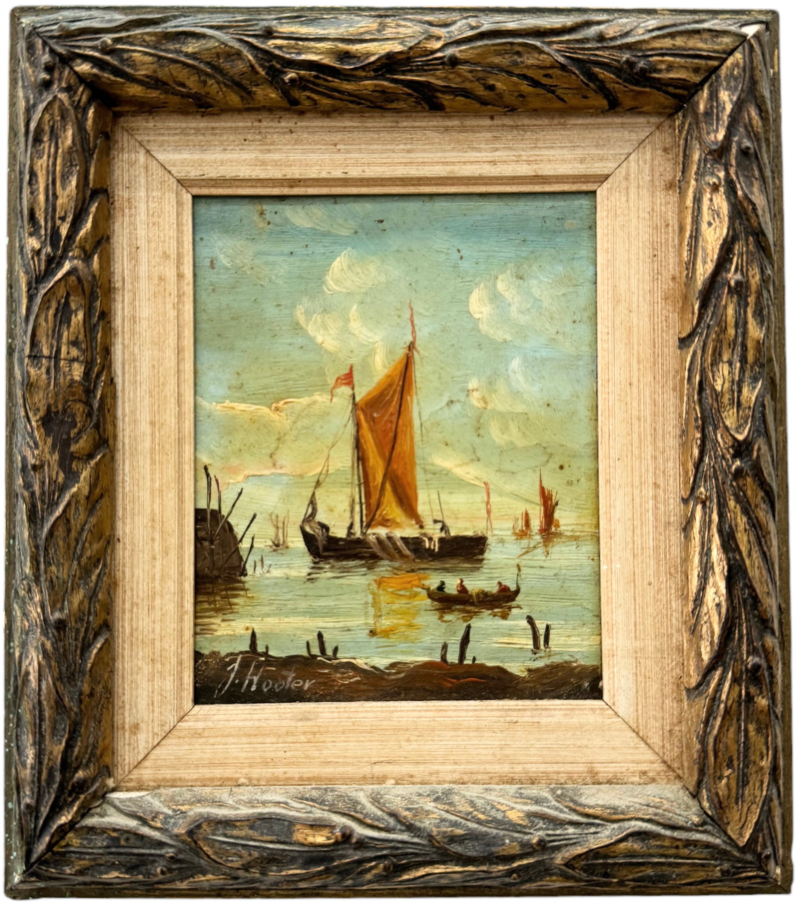 European School Harbor Scene Painting Signed: Oil on board 4 x 3 in, 8 x 7 in (framed)