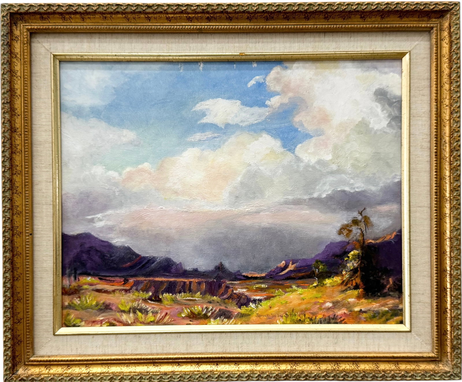 JANICE SCHWEITZER (20th c, American) Southwestern Landscape: Oil on board 16 x 13 in, 18 x 15 in