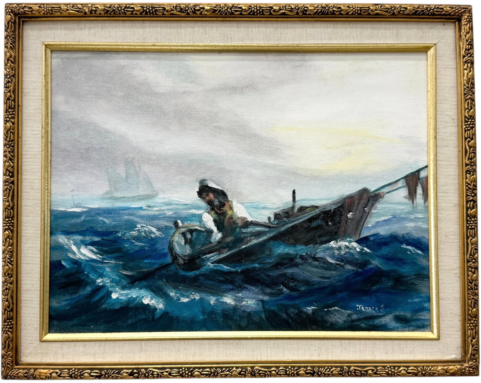 JANICE SCHWEITZER (20th c, American) Man At Sea: Oil on board 16 x12 in, 19 x 15 in (framed)