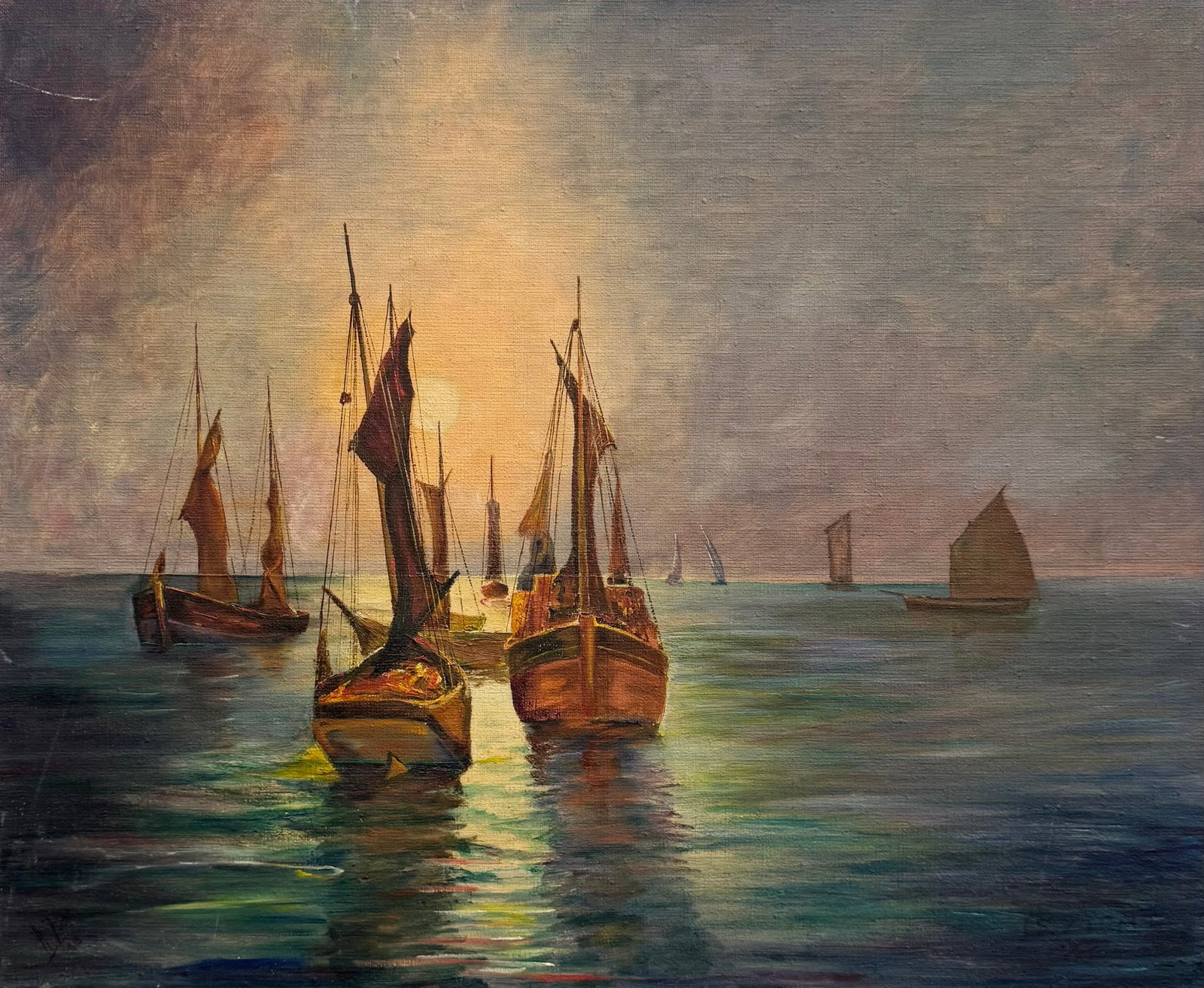 Early 20th c Nautical Seascape With Boats, Signed: Oil on canvas 22 x 18 in