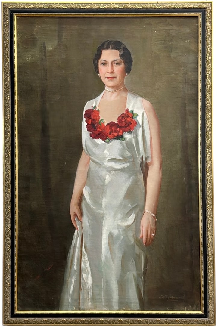 Large American School Portrait Of A Woman: Oil on canvas 53 x 33 in, 58 x 38 in (framed)