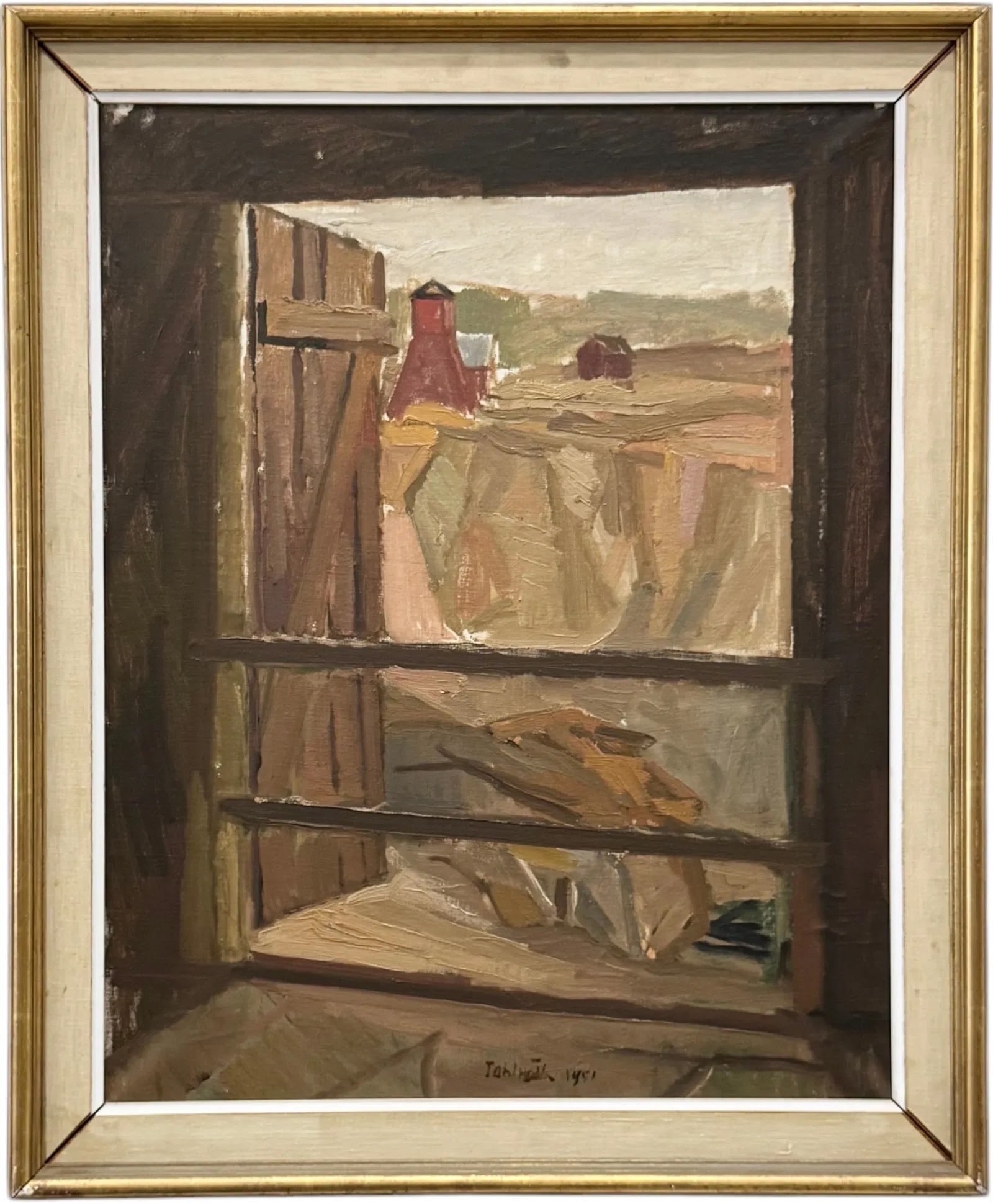 Mid-Century Rural Farm Scene With Silo Signed Illegibly: Oil on canvas 28.5 x 23 in, 33.5 x 28 in (framed)