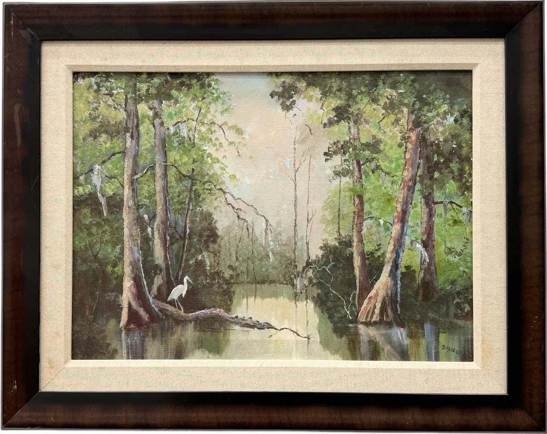 Vintage American School Landscape Of The Florida Everglades Signed: Oil on canvas 32 x 25.5 in (framed)