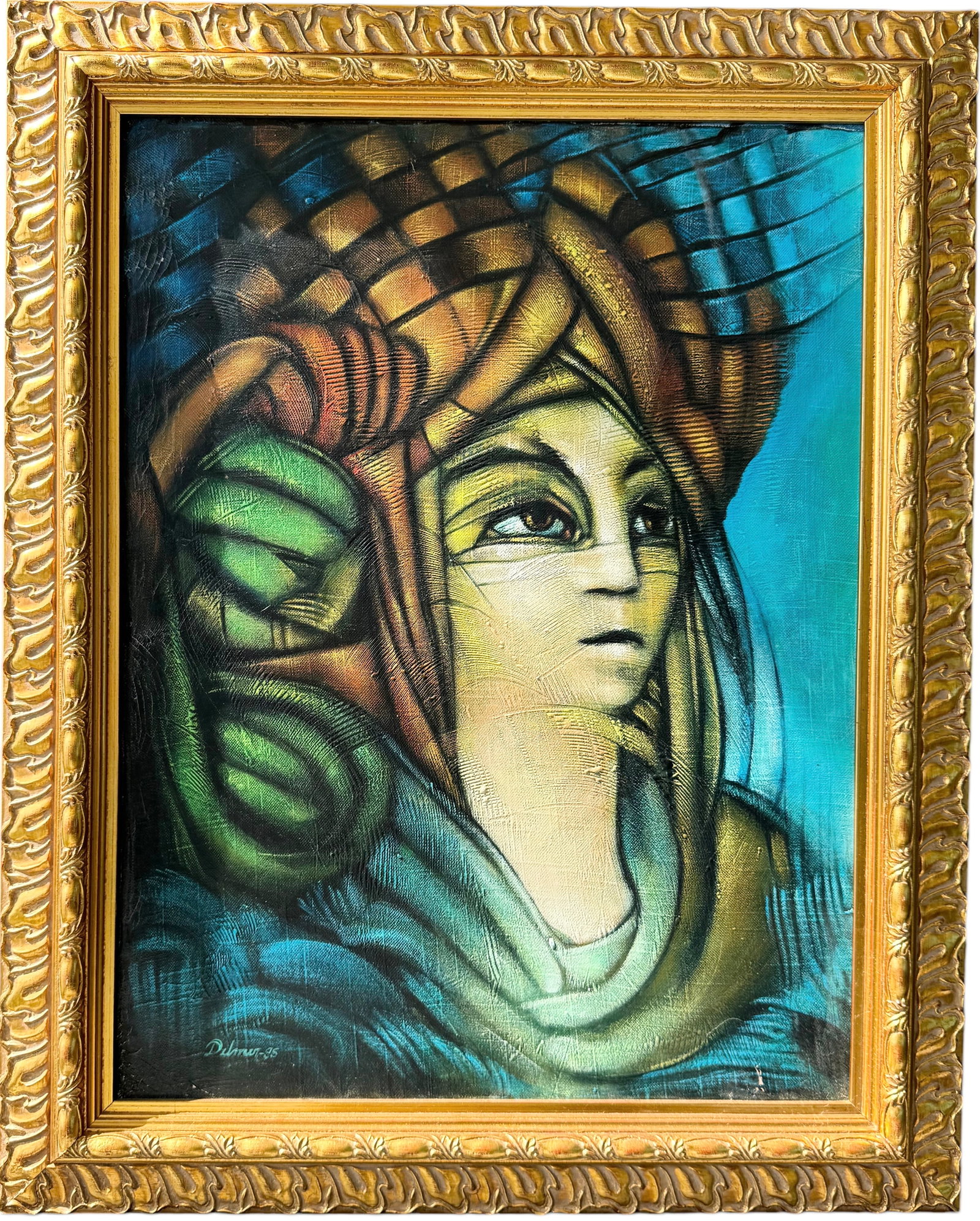 DELMER MEJIA (20th c, Honduras) Figural Portrait Abstract: Acrylic on canvas 24 x 18 in, 29.5 x 23.5 in (framed)