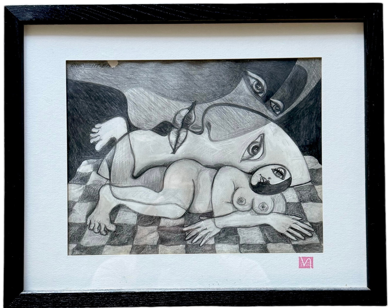 VINCENZO NOTARILE (20th c, American) Cubist Nude Abstract, Florida Artist: Graphite on paper 15 x 12 in (framed)