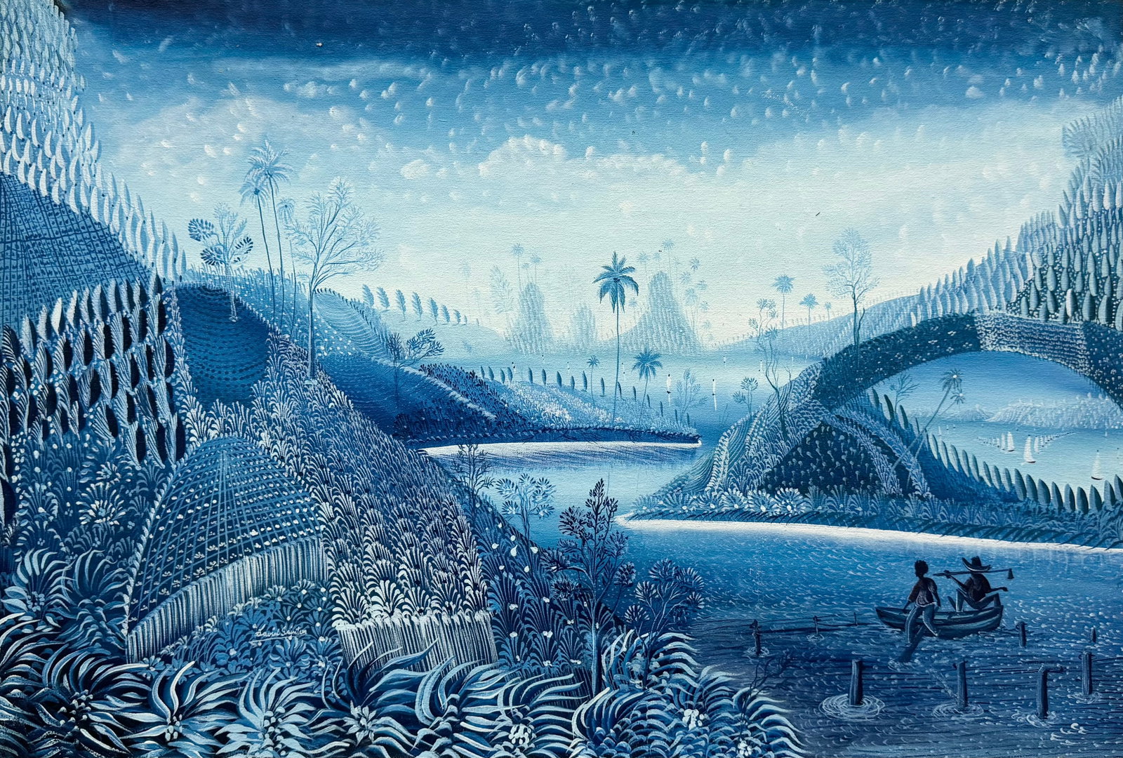 David Saintus (20th Haiti) Surrealist Landscape Painting Signed: Oil on canvas 34 x 23 in