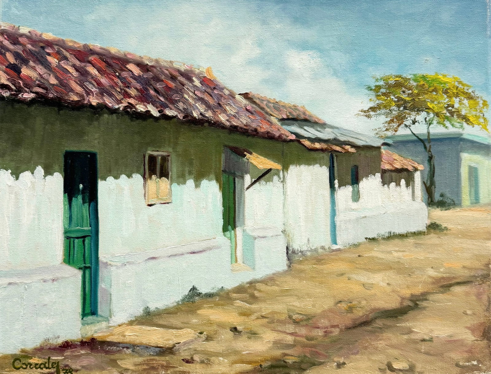 Latin American Impressionist Street Scene Signed: Oil on canvas 18 x 14 in