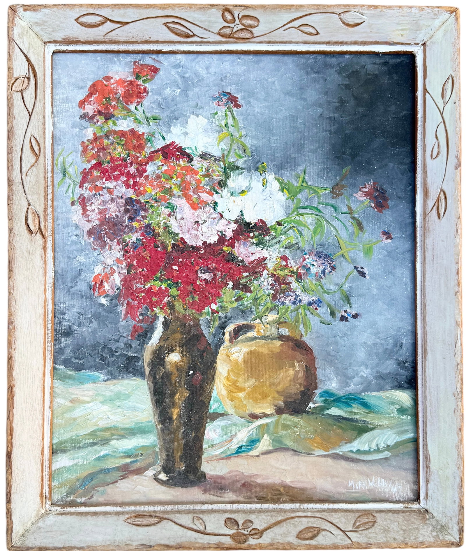 1940's American School Still Life Of Flowers Signed: Oil on canvas 22 x 18 in