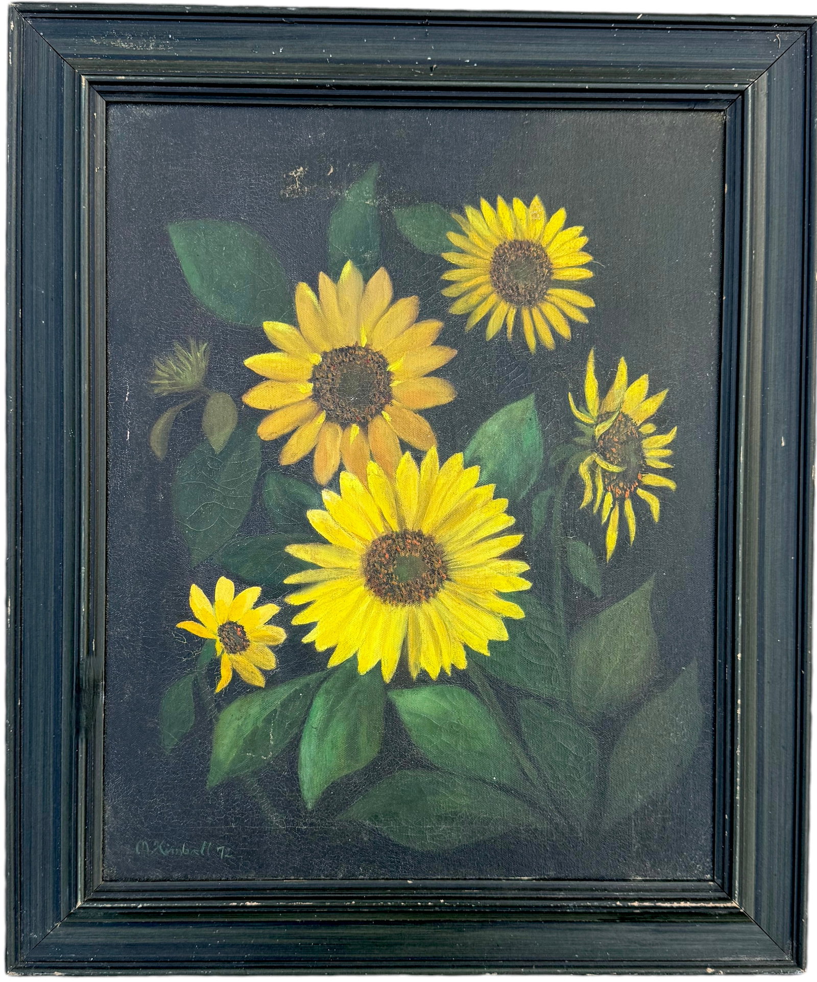 Vintage 1970's American School Painting Of Sunflowers, Signed Florida Artist: Oil on canvas 16 x 20 in, 24 1/4 x 20 1/4 in (framed)