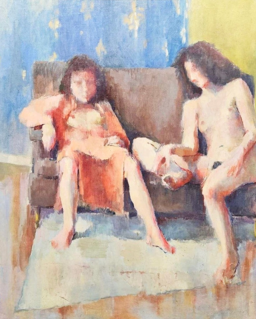 Vintage Modernist Painting Of Seated Nude Figures, Unsigned: Oil on canvas 28 3/4 x 34 3/4 in, 31 3/4 x 37 3/4 in (framed). This painting is located in our Margate City, NJ gallery and must be picked up or shipped from there.