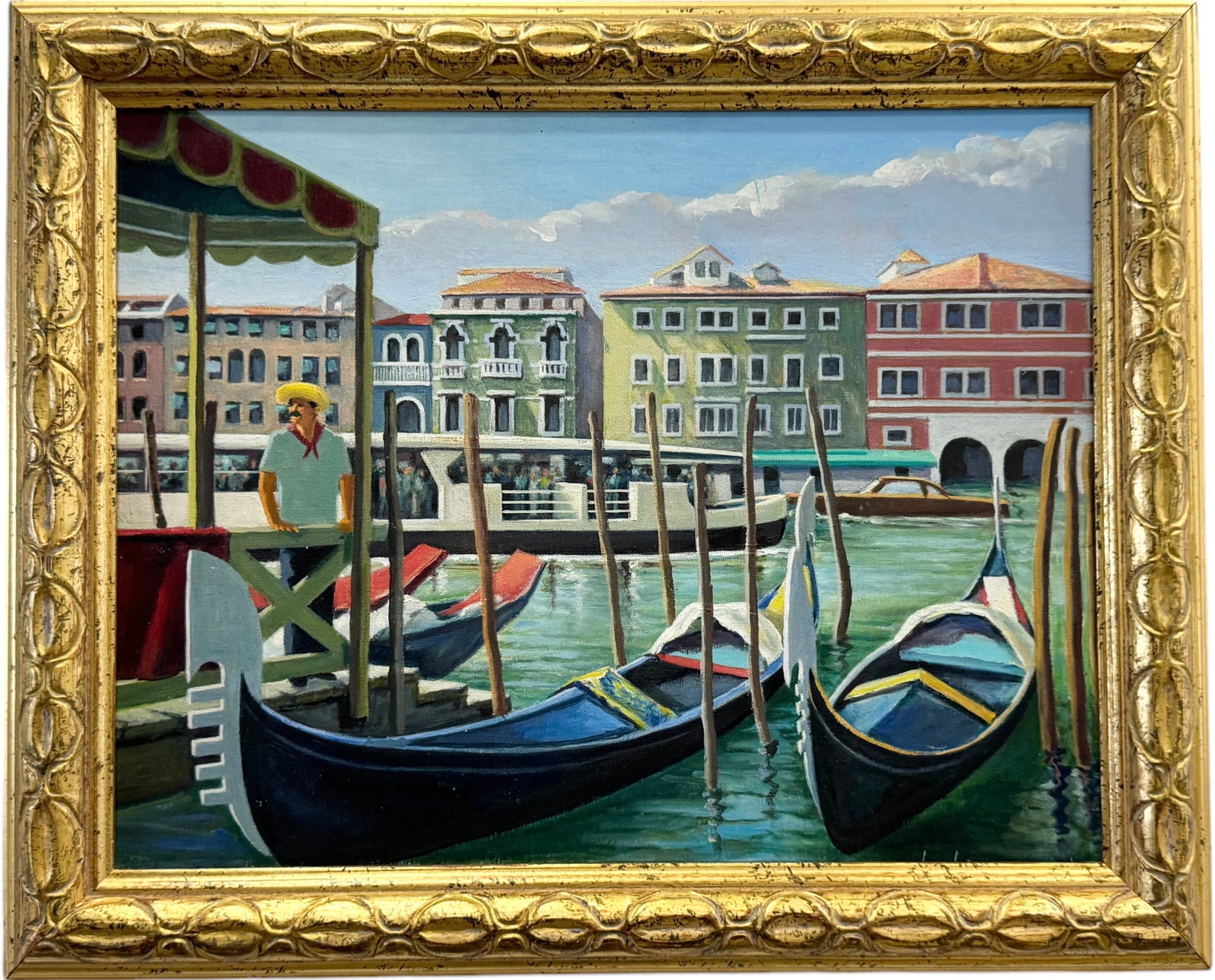 Vintage Colorful Oil Painting Of Venice Italy Canal Scene: Oil on canvas 18 x 14 in, 21.5 x 17.5 in (framed)