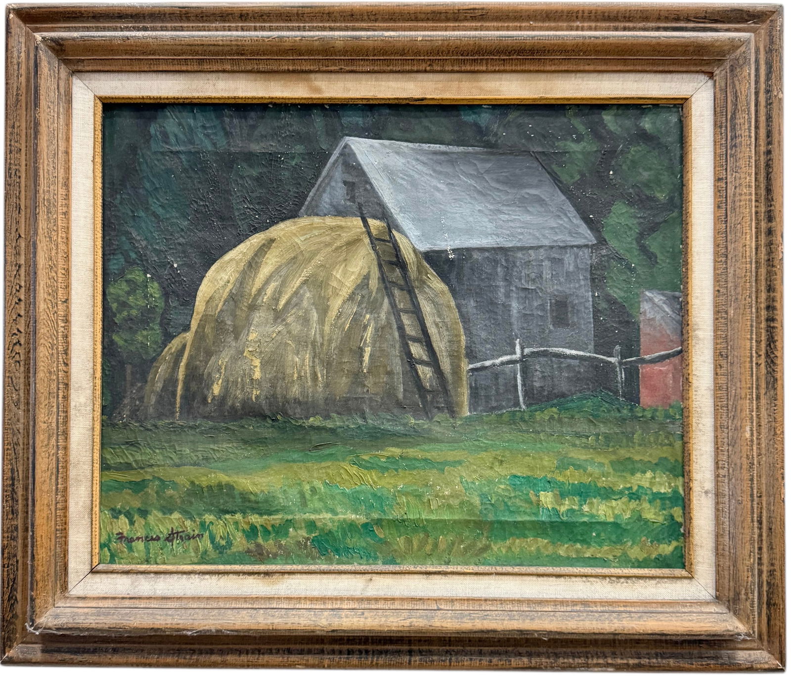 FRANCES STRAIN (1898-1962, American) Regionalist WPA Barn, Chicago Woman Artist: Oil on canvas 20 x 16 in, 27 x 23 in (framed). She was born in Chicago in 1898, Where she studied at the Art Institute of Chicago. Her teachers were: George Bellows, Randall Davey and John Sloan. She
