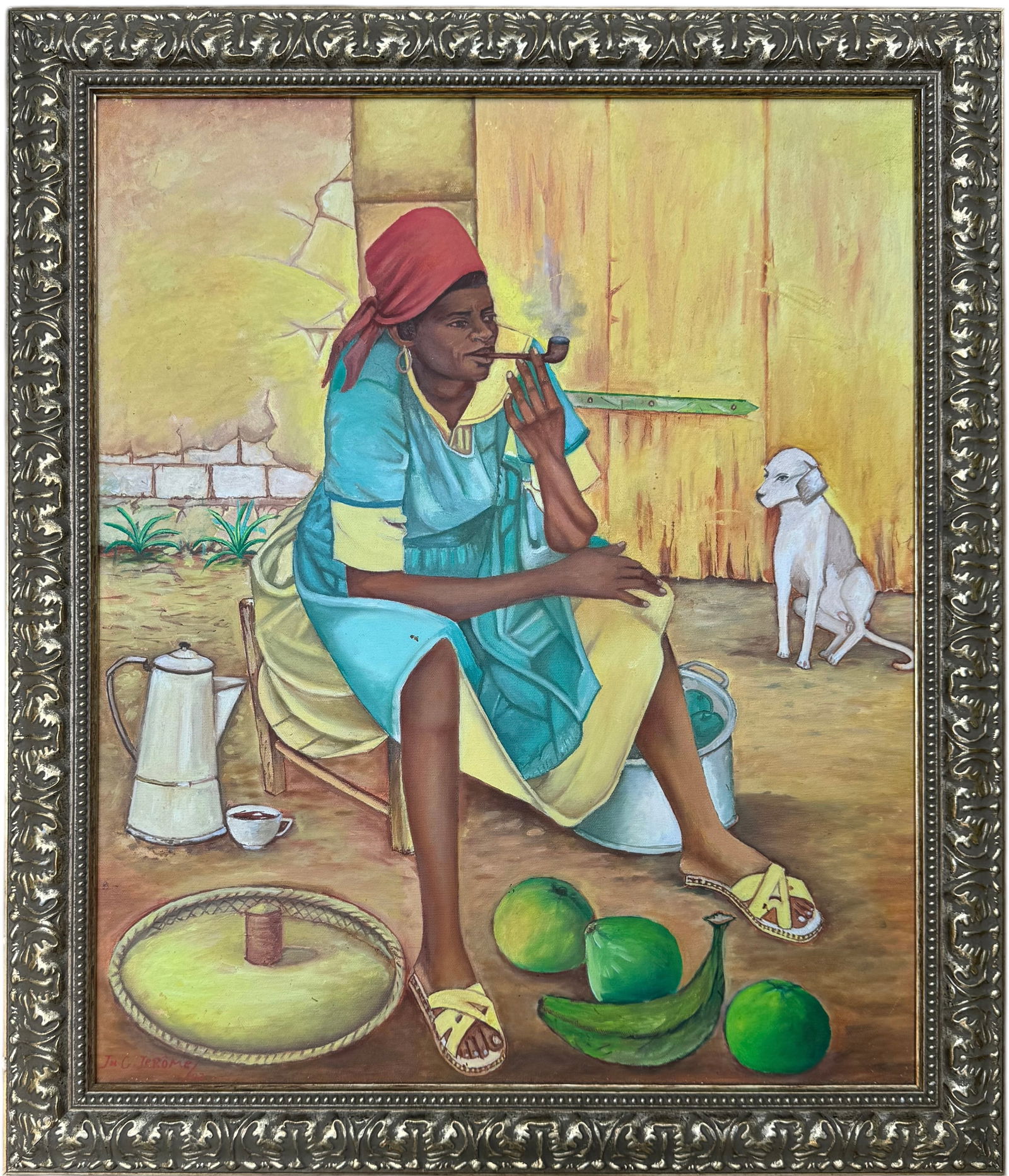 JEROME (20th c, Haitian) Street Scene Woman Smoking Pipe With Dog (1 of 5)