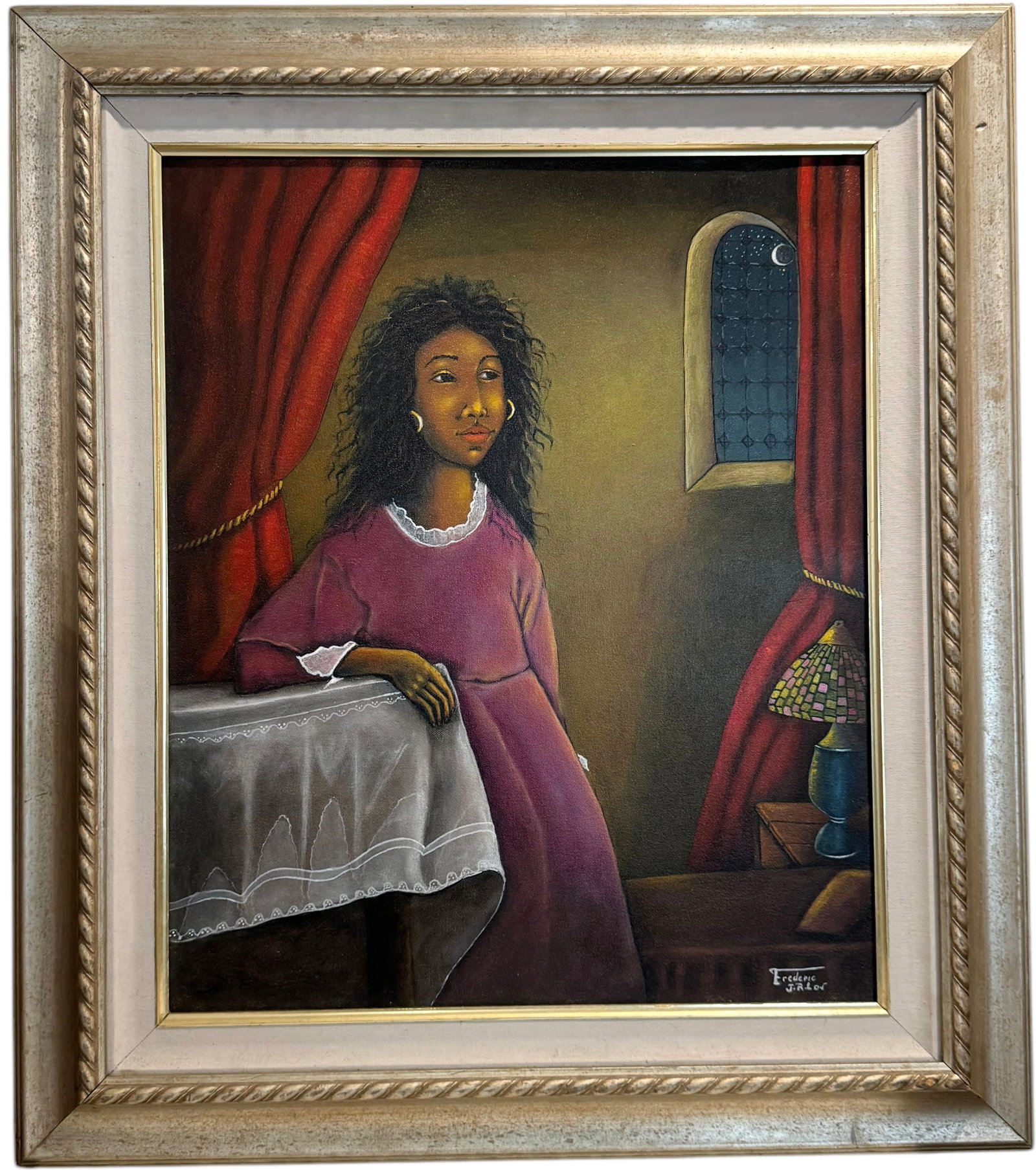 Nicely Haitian Portrait Of A Young Woman Signed Frederic Lor: Oil on canvas 24 x 20 in, 32 x 28 in (framed)