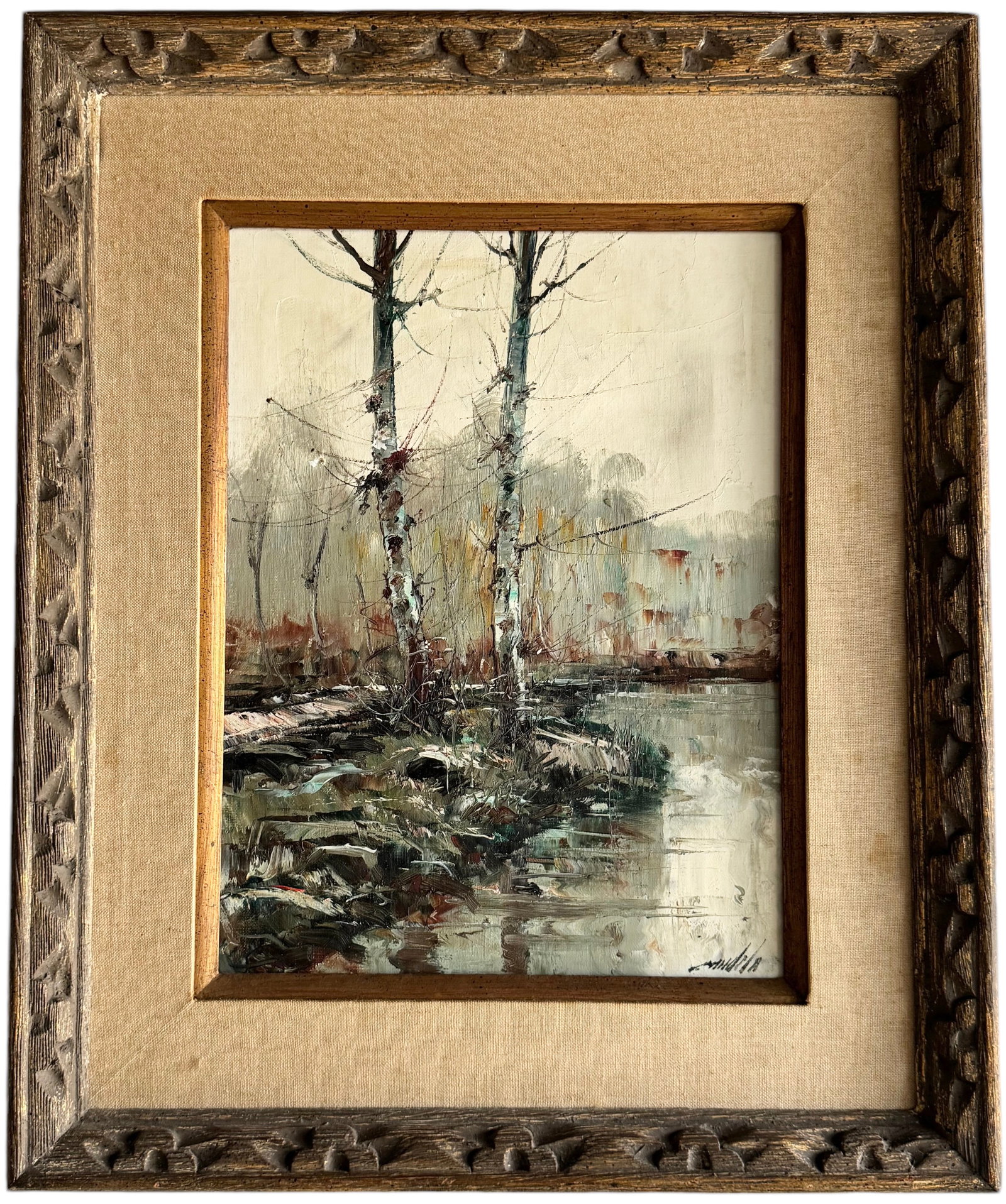 ALFREDO CANDELA (20th c, Spanish) Impressionist River Landscape: Oil on canvas 24 x 18 in (framed)