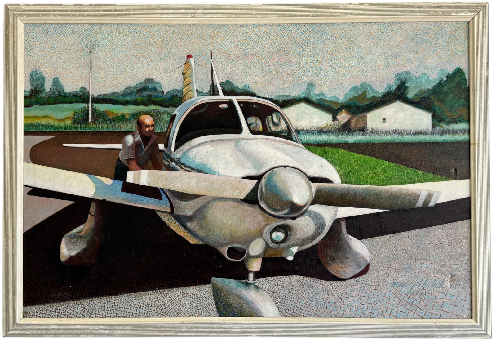 MEYER SHULICK (20th c, American) "The Flight" Airplane, Philadelphia Artist: Large oil on canvas 48 x 32 in, 52 x 36 in (framed)