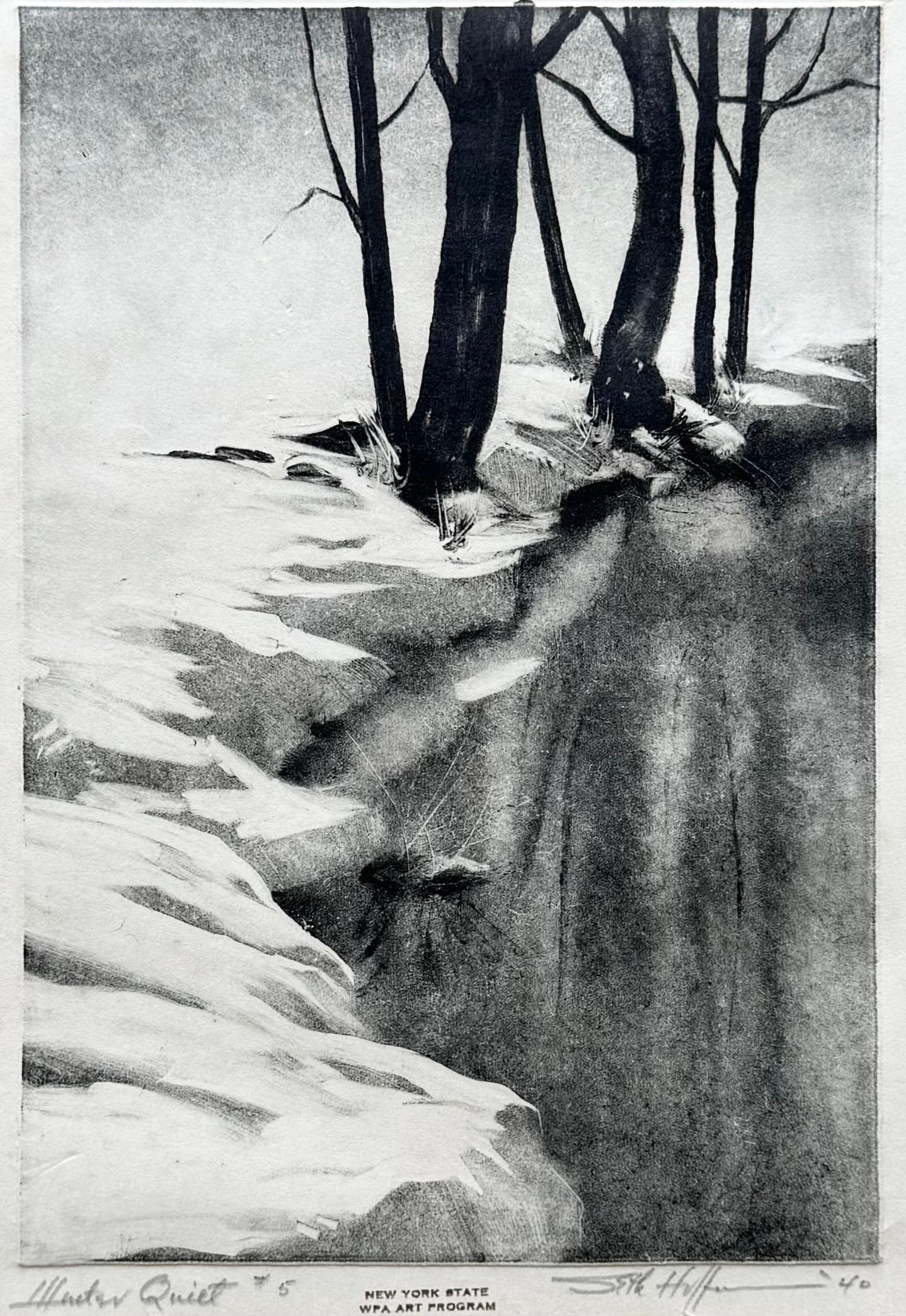 Seth (Samuel S) Hoffman WPA Stamped Etching Winter Landscape w/ Stream (1 of 4)