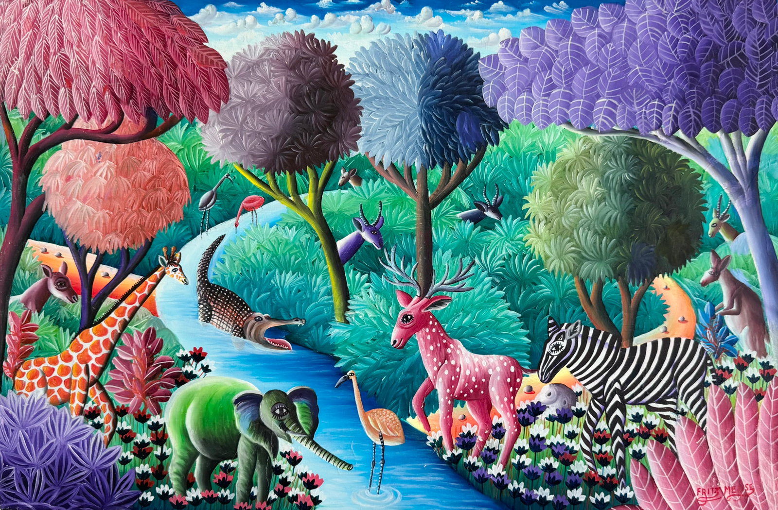 FRITZ MERISE (b. 1946, Haitian) Colorful Jungle Landscape w/ Animals: Oil on canvas 24 x 36 in