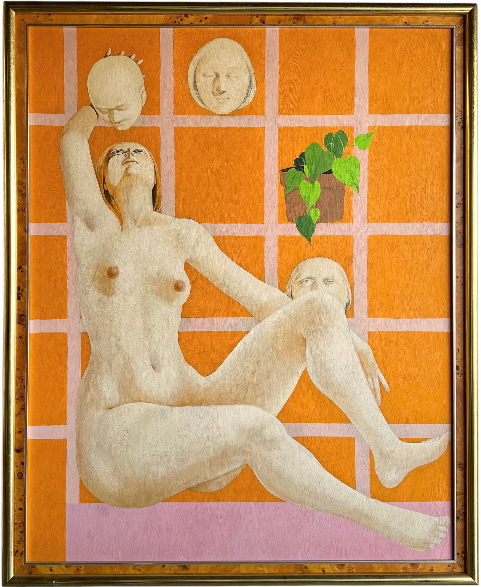 Vintage Monumental Surrealist Nude Painting Artist Unknown: Oil on board 54 x 44 in (framed)