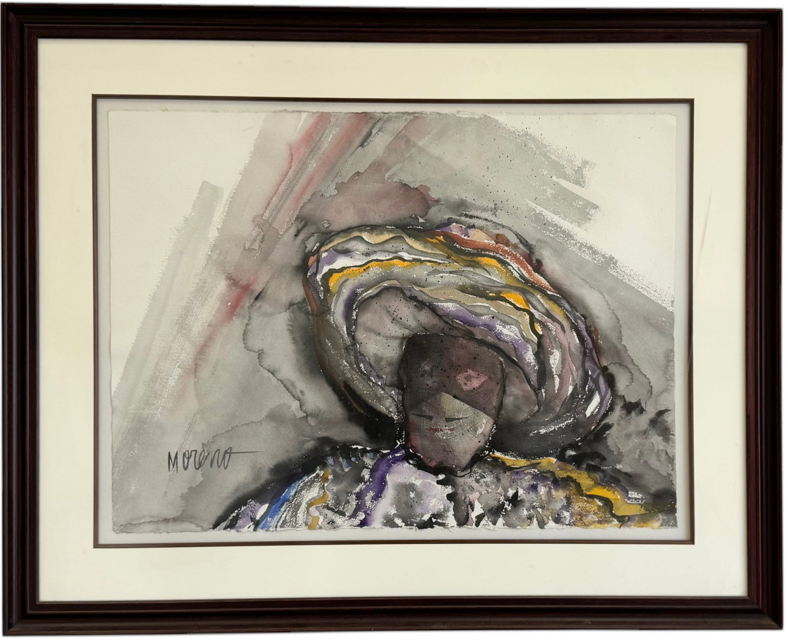 Nicely Framed Spanish School Abstract Figure In A Hat Signed Moreno: Nicely framed watercolor 30 x 22 in, 41 x 33 in (framed)