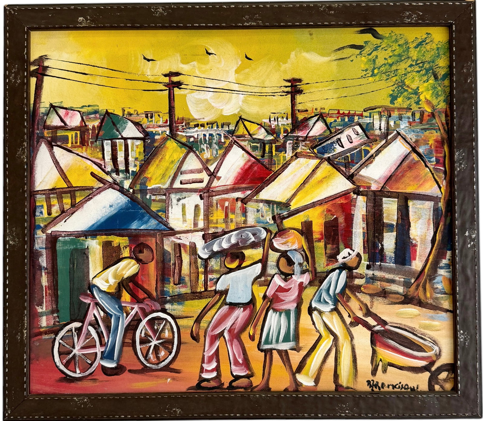 Haitian School Modernist Street Scene Signed: Oil on canvas 22.5 x 19.5 in, 25 x 22 in (framed)